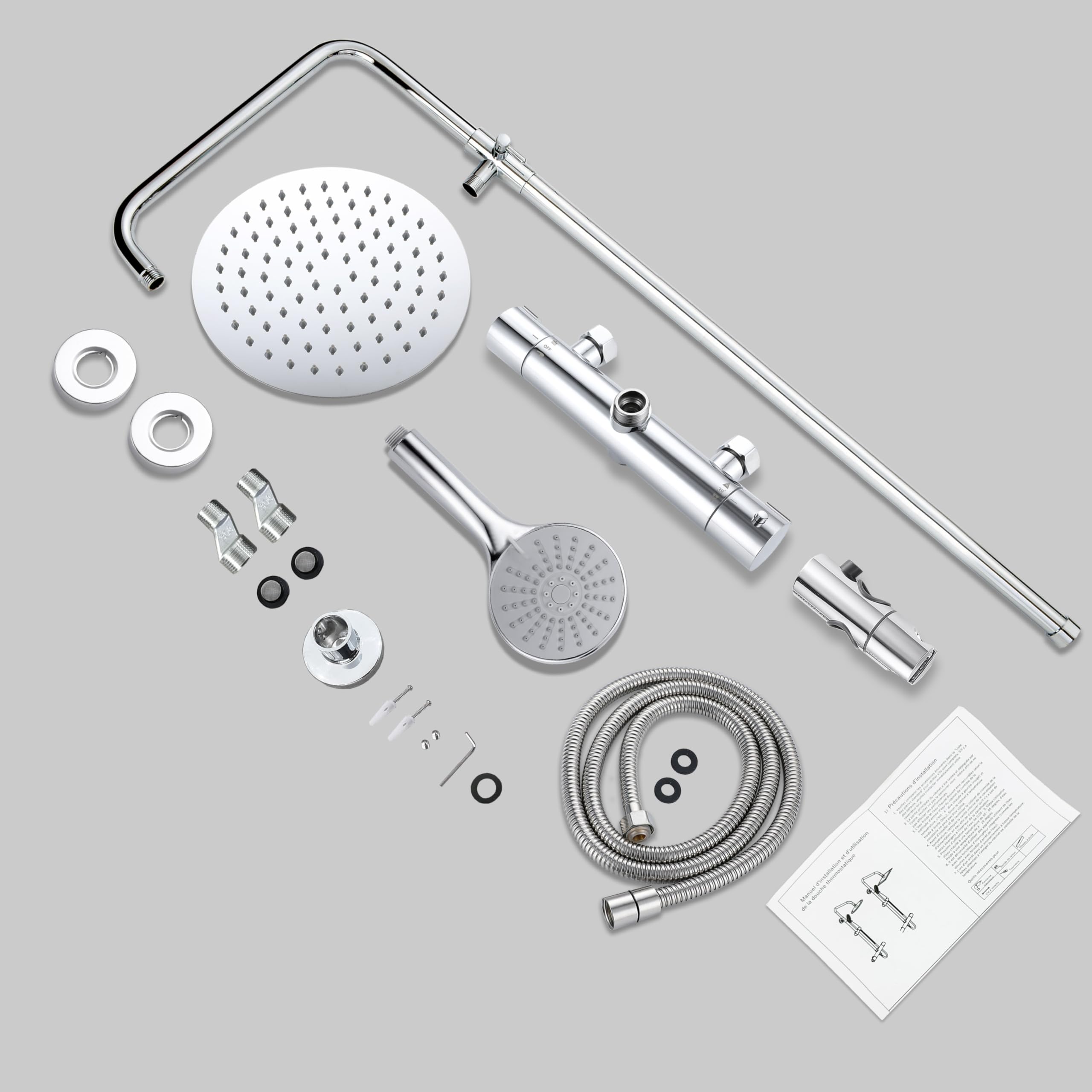 AICA Ensemble de Colonne de Douche Thermostatique pour Salle de Bain, Robinet de Douche Thermostatique en laiton, 3 Modes de Pulvérisation, Chromé, Hauteur Réglable 715 mm-1205 mm (argent)