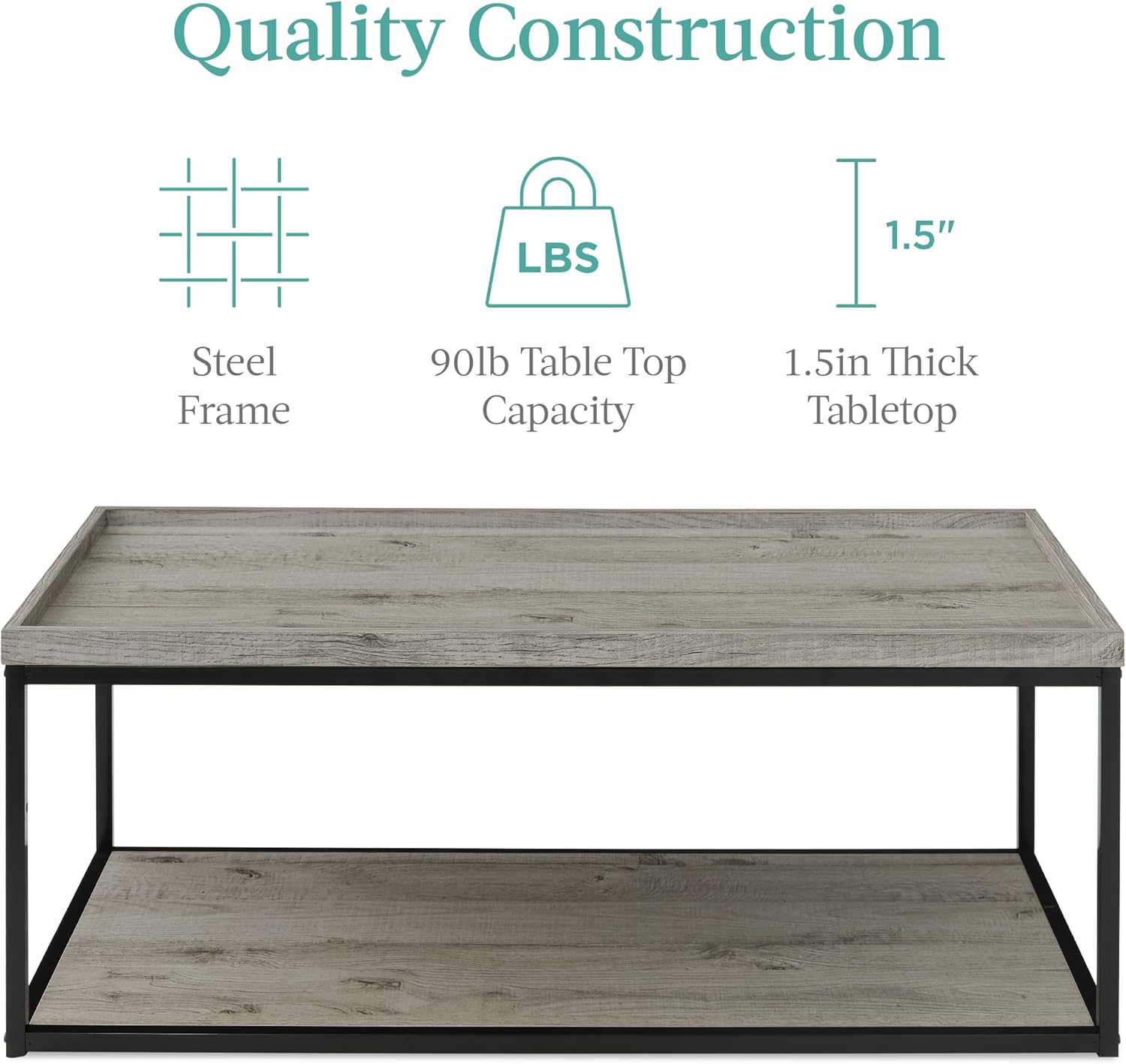 Best Choice Products 44in 2-Tier Rectangular Tray Top Coffee Table, Recessed Accent Furniture for Home w/Metal Frame, Shelf - Gray : Home & Kitchen