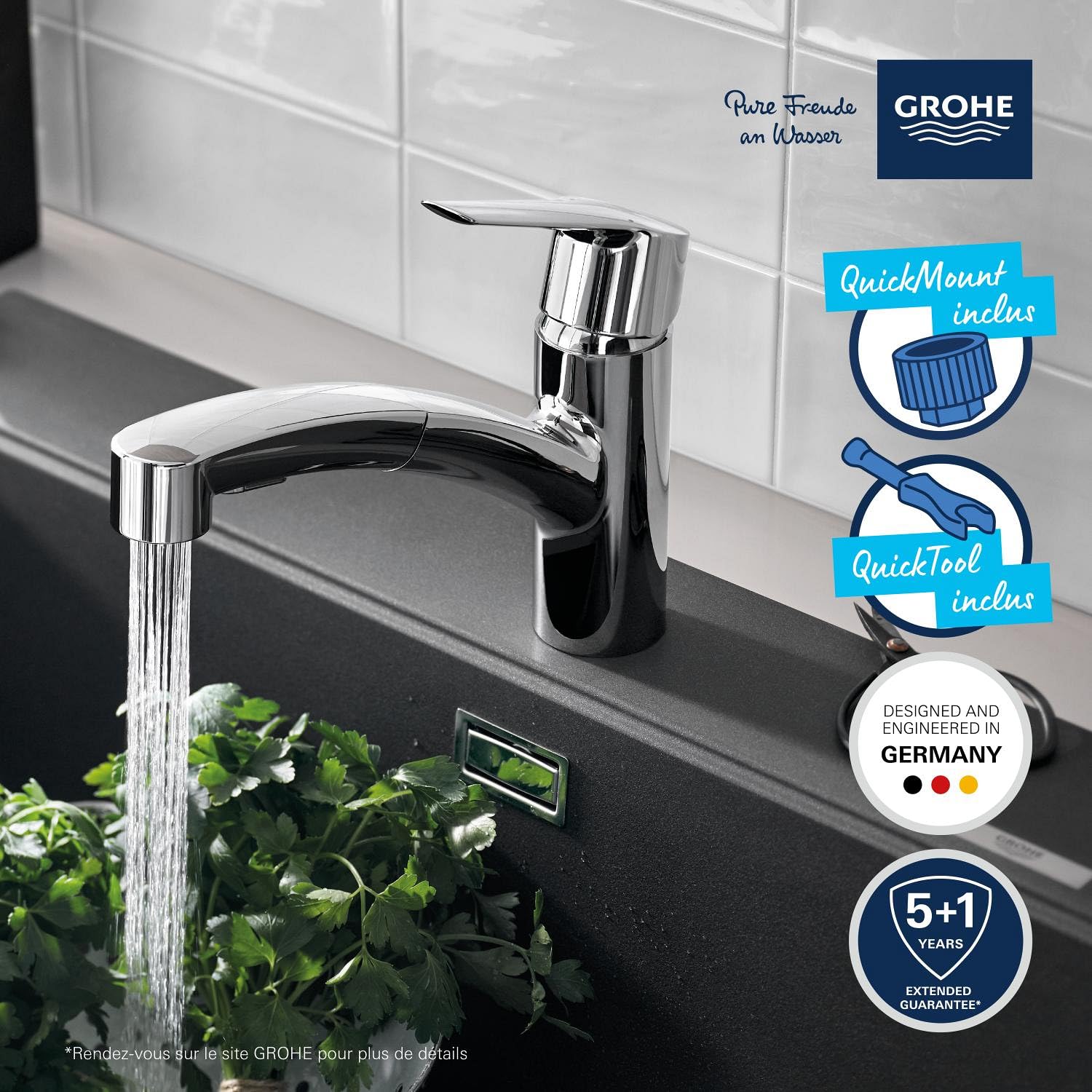 GROHE Start QuickFix Mitigeur monocommande Evier pour cuisine, Avec Douchette Extractible (Bec bas, rotation 90°, 2 Jets), Chrome, 1012410000