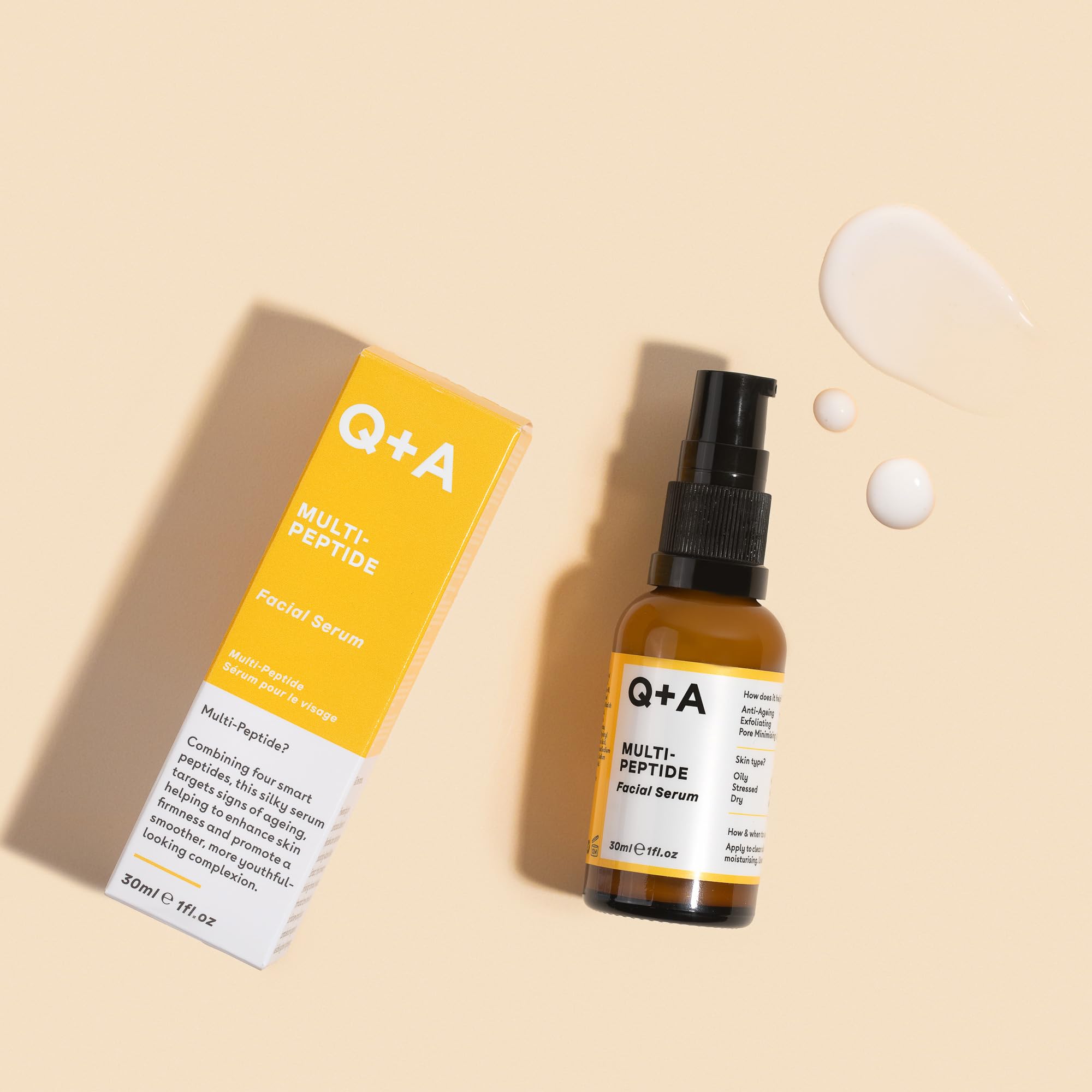 Q+A Multi-Peptydowe Serum (30 ml), Serum przeciwzmarszczkowy do twarzy z peptydami, bez zapachu, wygładza zmarszczki, poprawia koloryt i elastyczność, pielęgnacja dla młodego blasku