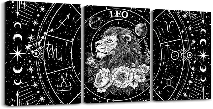 Feelyou Zodiac 3 Piece Canvas Wall Art for Living Room Bedroom LEO Wall Art for Home Decor Moon Star Pattern Office Wall Decor Universe Cloud Galaxy Wall Painting