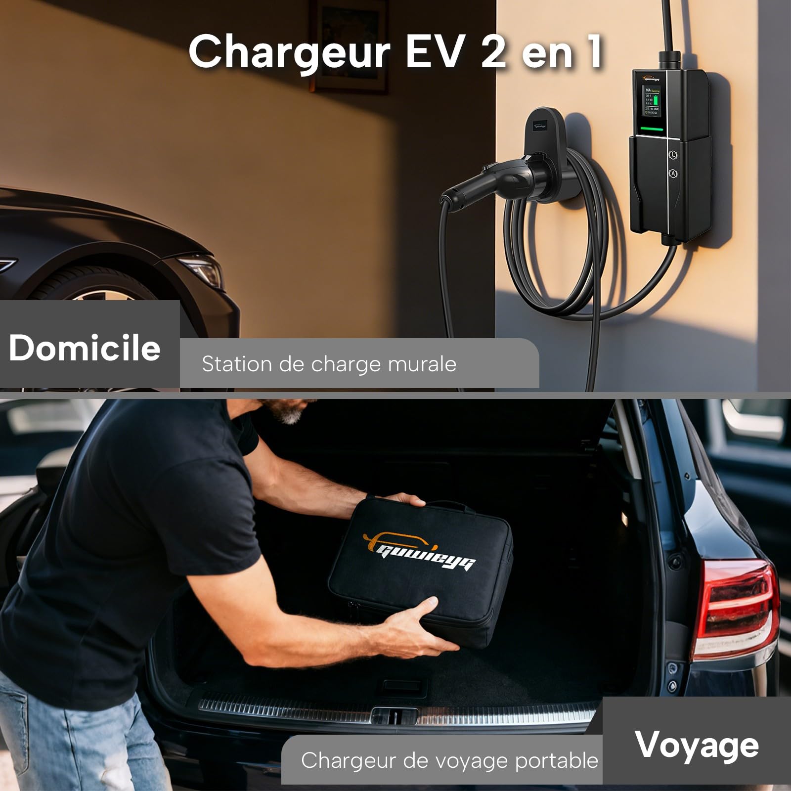 Type 1 Chargeur Voiture Electrique 3,5kW/16A/5m, Chargeur EV Schuko | avec Adaptateur Type 1 vers Type 2, Courant Réglable 8A-16A avec Étui de Transport, Écran LED, Minuteur de 6 heures, IP66