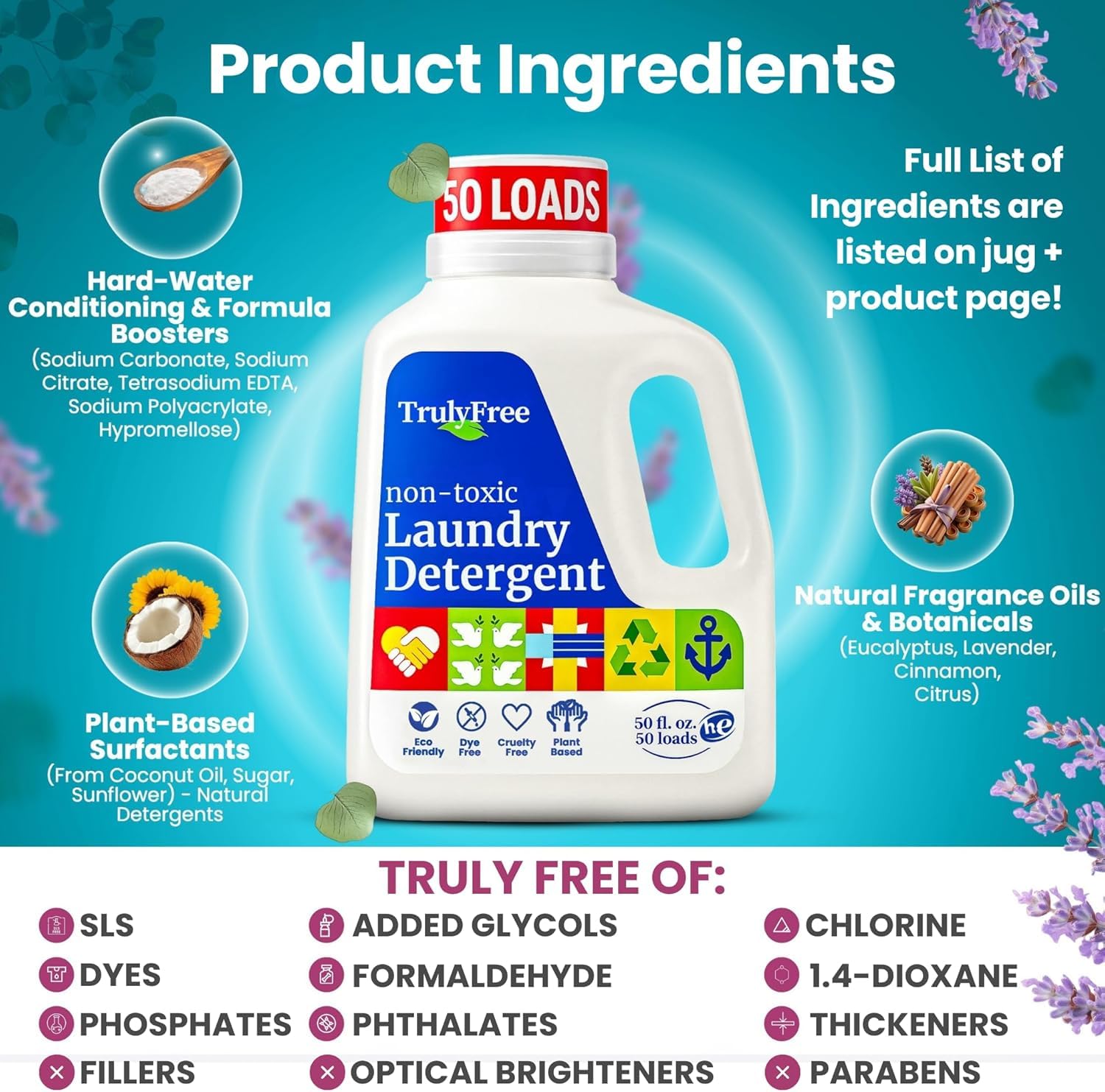 Truly Free Natural Laundry Detergent for Sensitive Skin | Eco Friendly, Plant Based, Baby Clothes Safe | Clean & Easy Powder to Liquid, 3 Pack Detergent + 1 Refillable Jug | Signature Scent 150 Loads