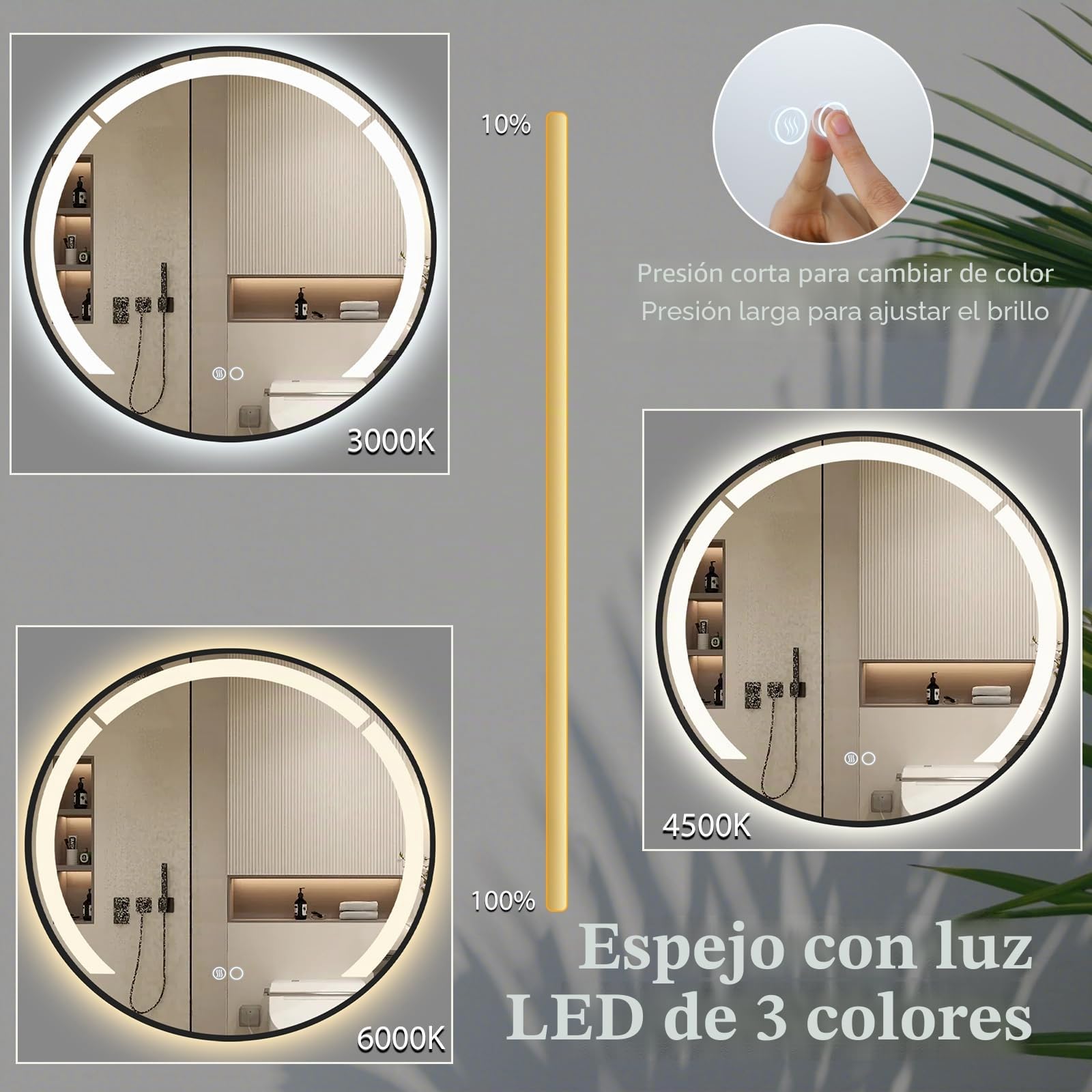 LIFEZEAL Espejo de Pared Redondo con LED, 60 cm, Función Antivaho, 3 Colores de Luz y Brillo Ajustable, Marco de Aluminio Resistente para Cuarto de Baño