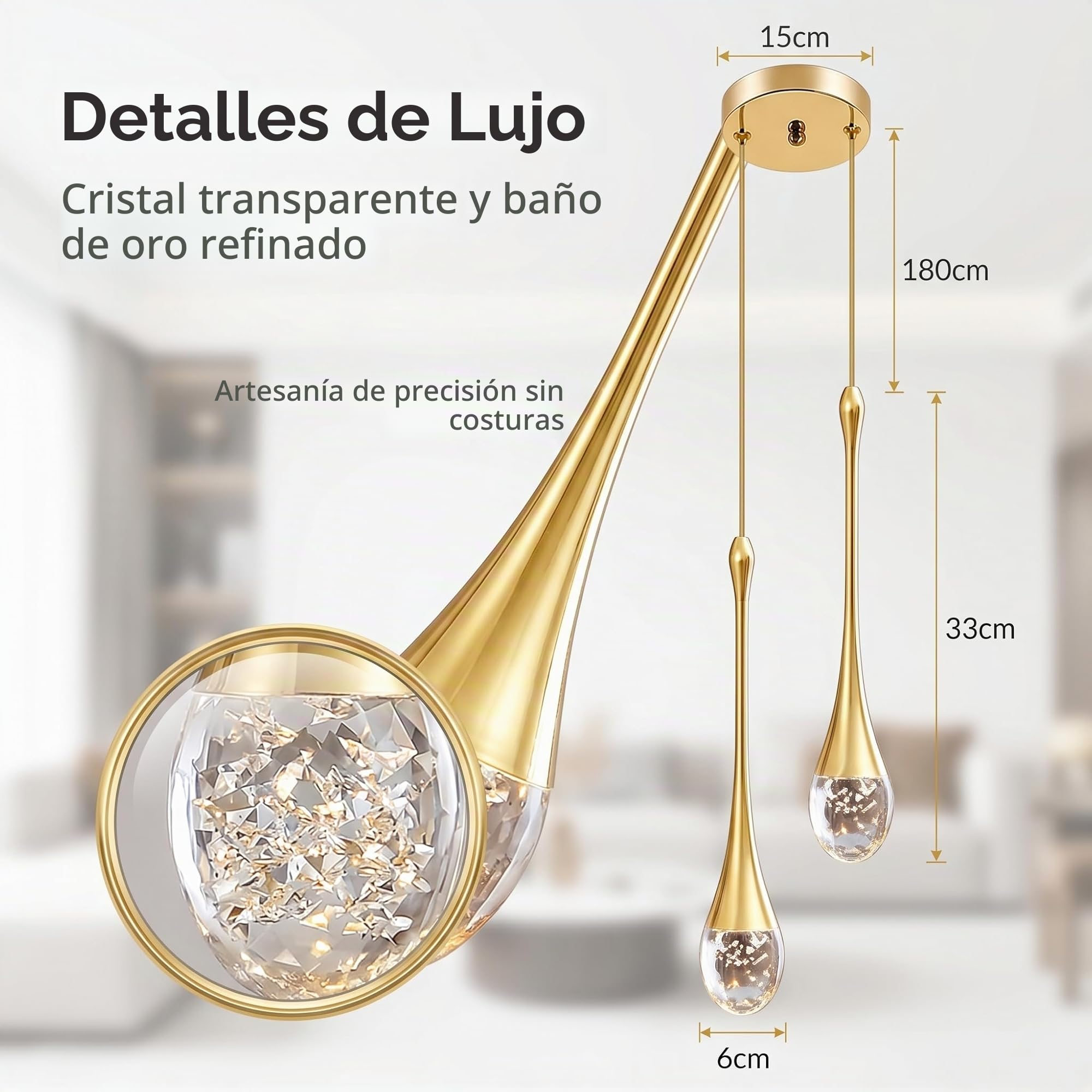 Lámpara Colgante LED 10W Creativa Moderna Luz Colgante de Gotas de Agua, 2 luces Lámpara de Techo Cristal Araña de techo para Salón Restaurante Escalera, Luz Cálida