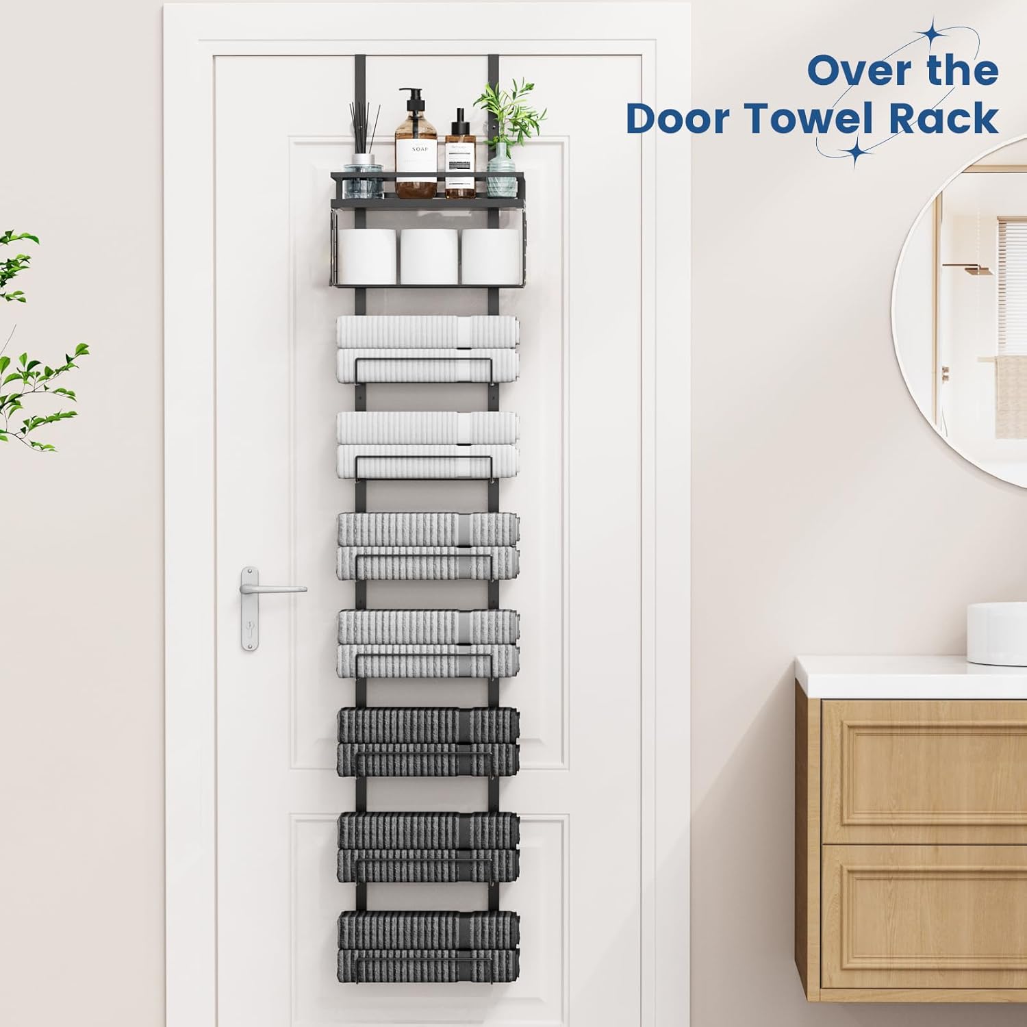 Towel Racks for Bathroom Over The Door Towel Racks Towel Storage Organizer with Metal Shelf Basket for Bathroom Rv Camper (9-Tier Black)