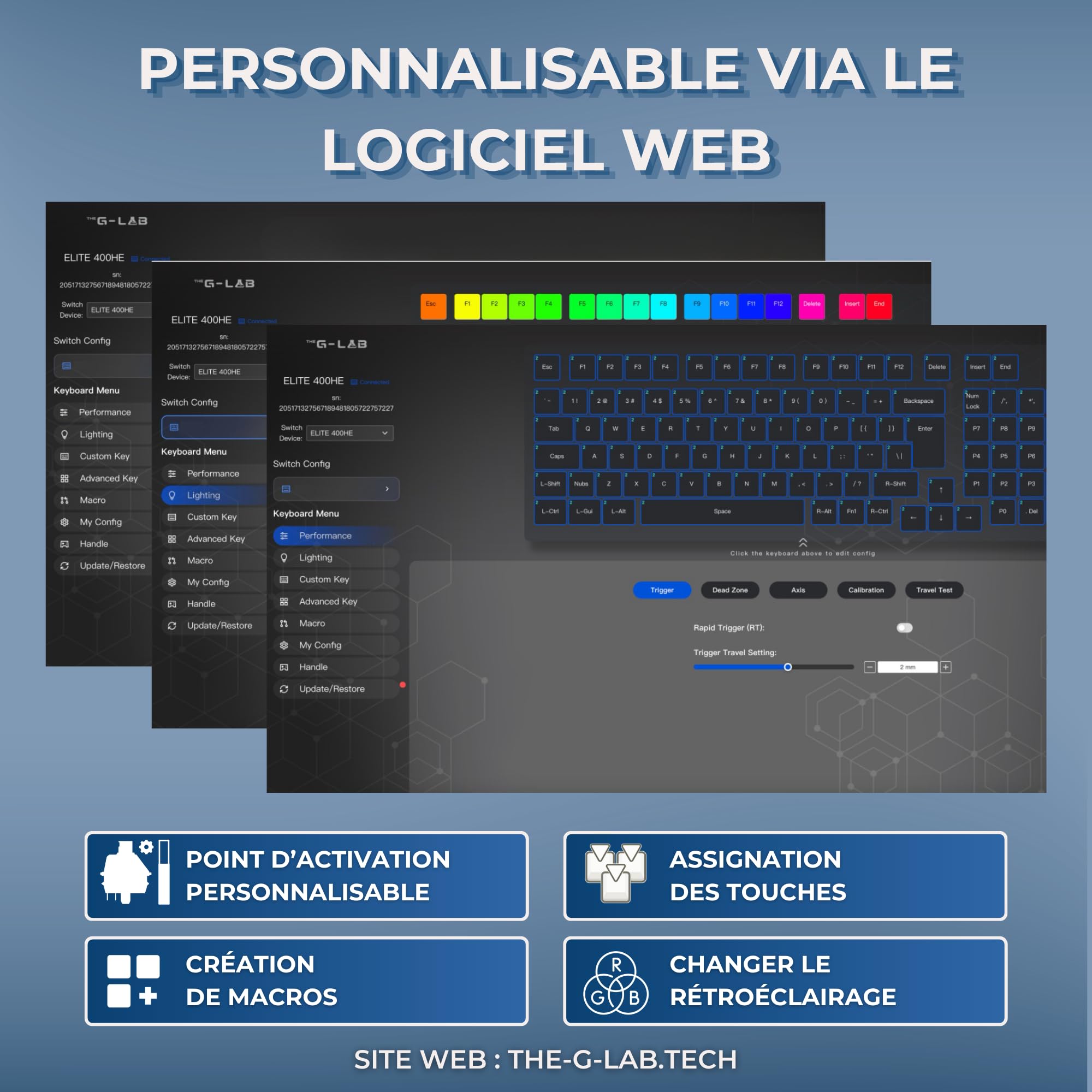 The G-Lab - KEYZ Elite 400 HE BW - Magnetyczna Klawiatura Gamingowa Hall Effect 96% AZERTY FR, Przewodowa USB, 8000 Hz Rapid Trigger, Regulowana Aktywacja 0,01 mm, PBT Hot-Swap, RGB i Makra - Win/Mac