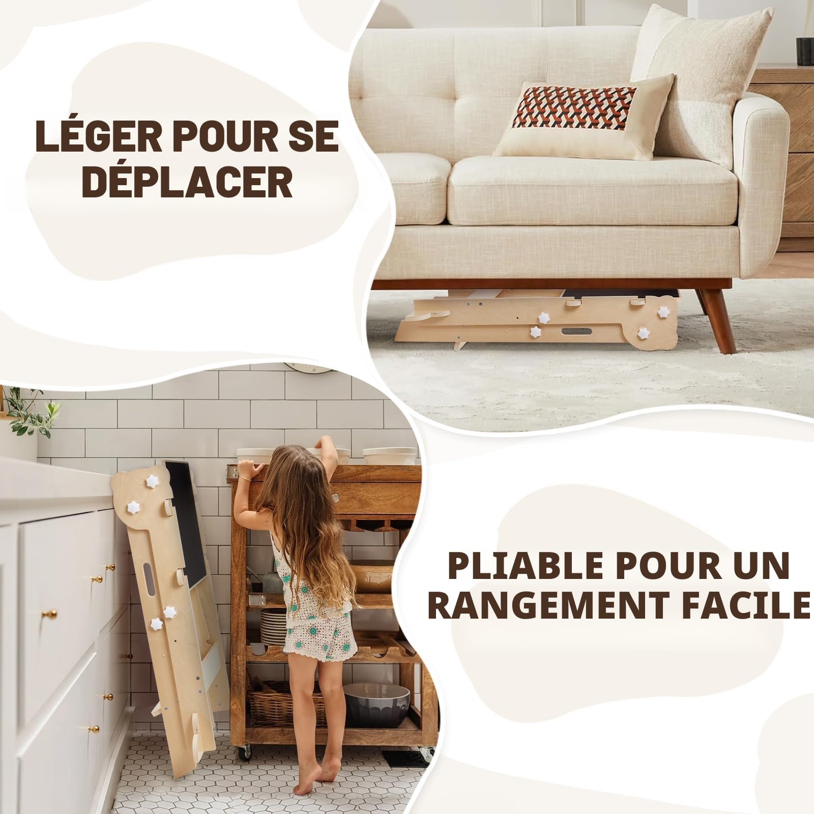 Labebe Tour d'apprentissage pour Enfants, 3 en 1 Montessori Pliable Tour d Observation, Multifonctionnelle Réglable Tour d'apprentissage avec Tableau Double Face à partir de 1 an (Bois)