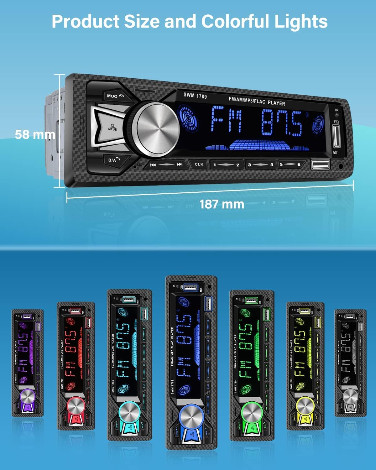 Hikity 1Din Autoradio mit Bluetooth Freisprecheinrichtung, Dualer BT Anschluss, MP3/FM Player mit SD/AUX/2USB und Fernbedienung/7 Farben, 4x60W Verstärker