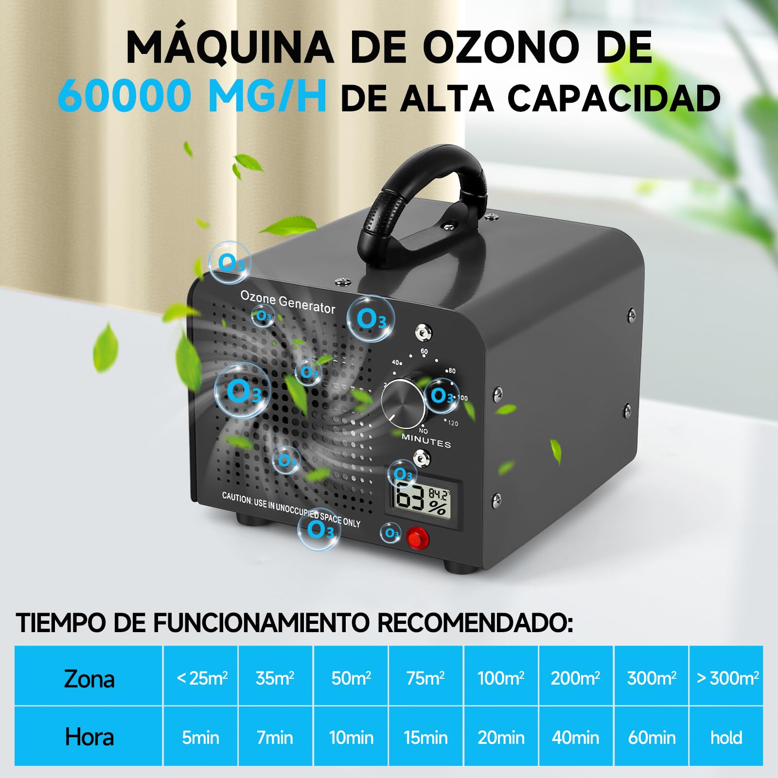 Generador de Ozono 60000mg/h, Máquina de Ozono con Indicador de Temperatura y Humedad, Desinfectador de Ozono Purificador de Aire con Temporizador, Ozonizador para Hogar, Coche, Mascotas (Negro)