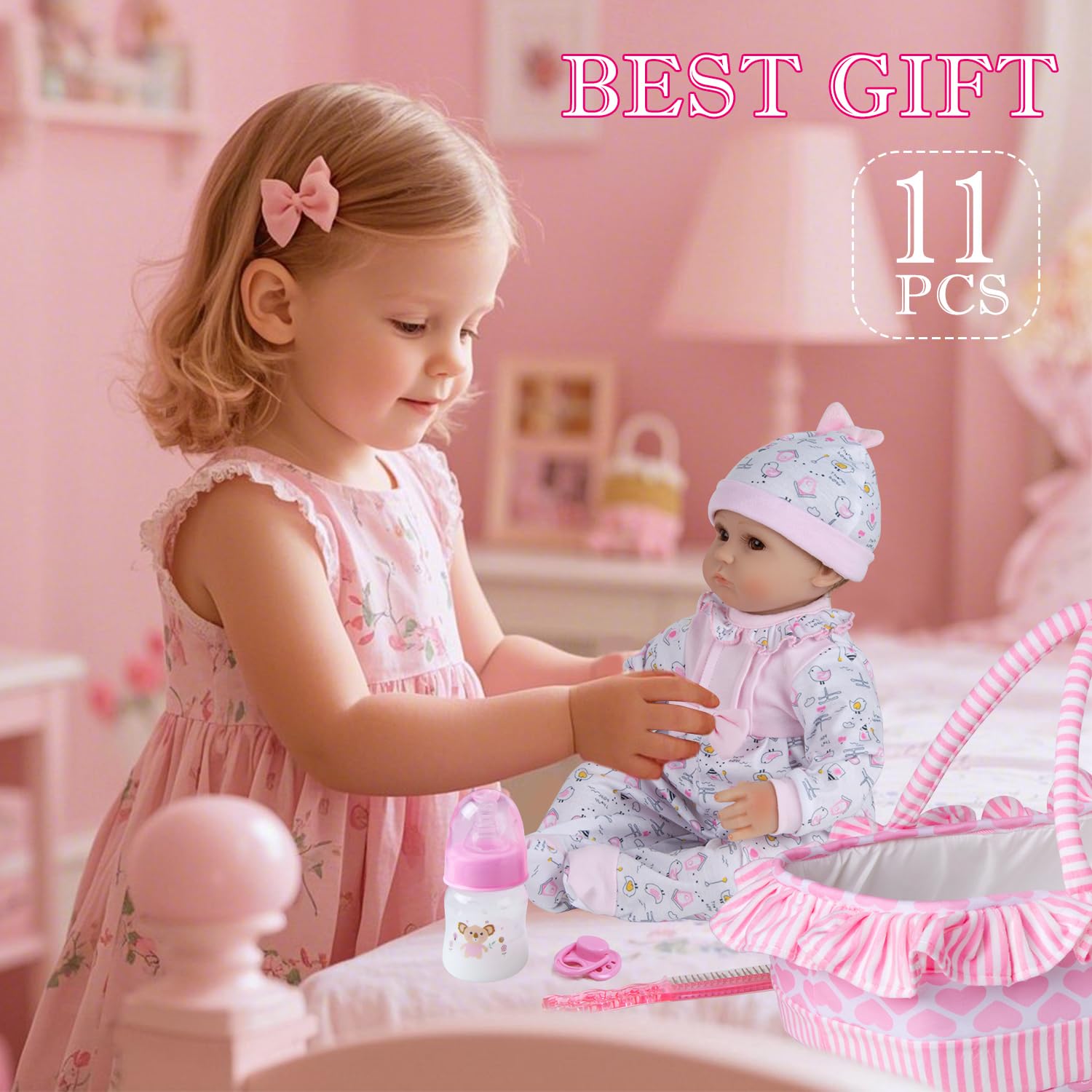 PEDOLLTREE - 11pcs Reborn Baby Doll Kleidung für Mädchen, rosa Mädchen Outfit Zubehör für 40,6–45,7 cm Puppe, Neugeborenes Mädchen mit rosa Herz Krippe