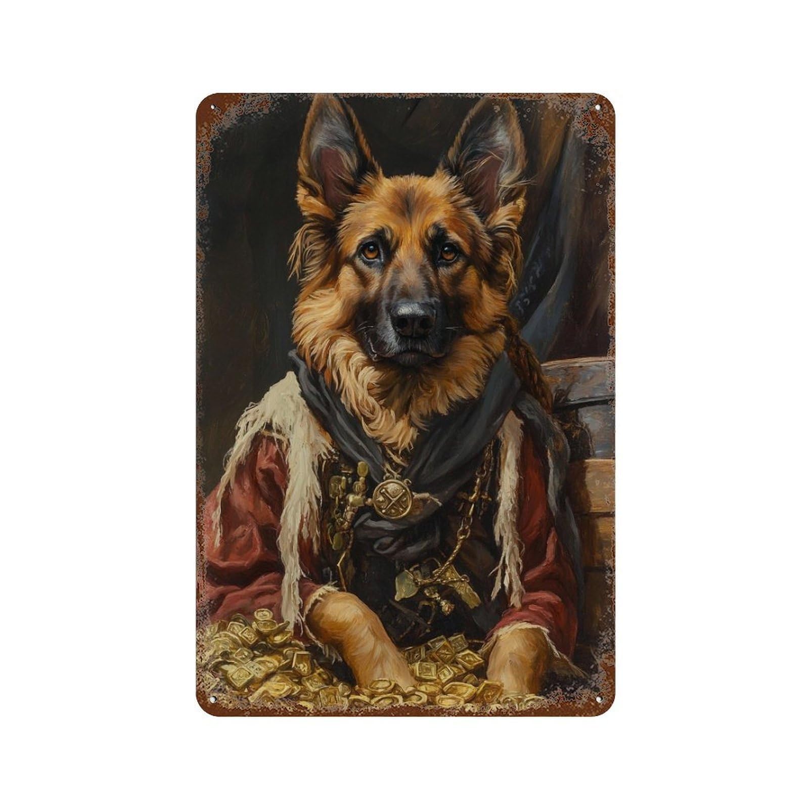 Rust Effect Royal Dog in Regal Attire Aged Metal Wall Plaque 11.8"x7.9", Classic Wall Plaque for Basement, Hobby Room And Garage Decor