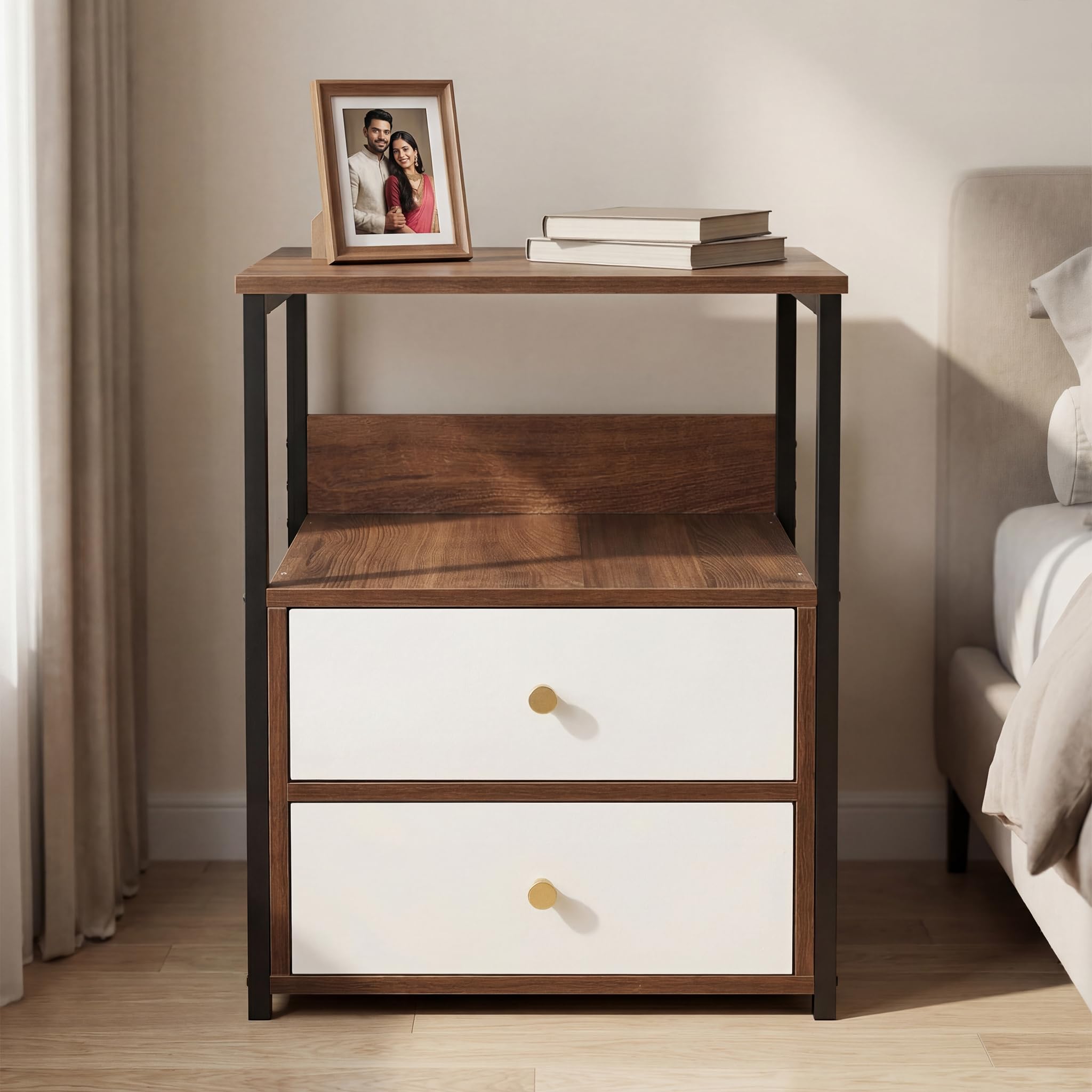 Decor & More Bedside Table with 2 Drawers | Wooden Nightstand for Bedroom with Smooth Sliding Drawers & Open Storage Shelf | Space-Saving Side Table for Living Room