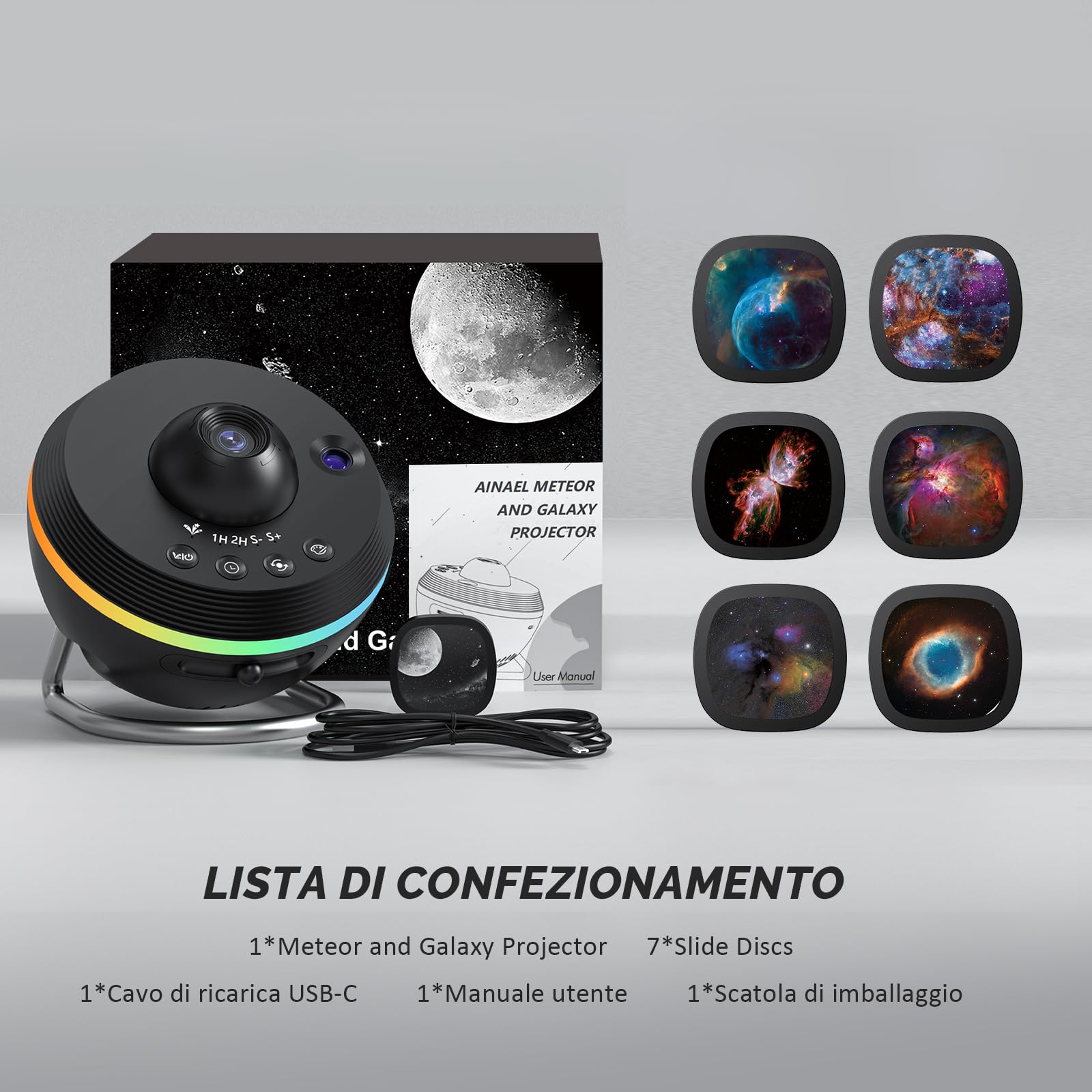 Proiettore Galassia, Proiettore Stelle Soffitto con 7 Disco Camera da Letto | 5K HD Projection • Dynamic Meteor • Striscia LED RGB • Auto Timer • Silent Rotation • Regalo per Bambini & Adulti