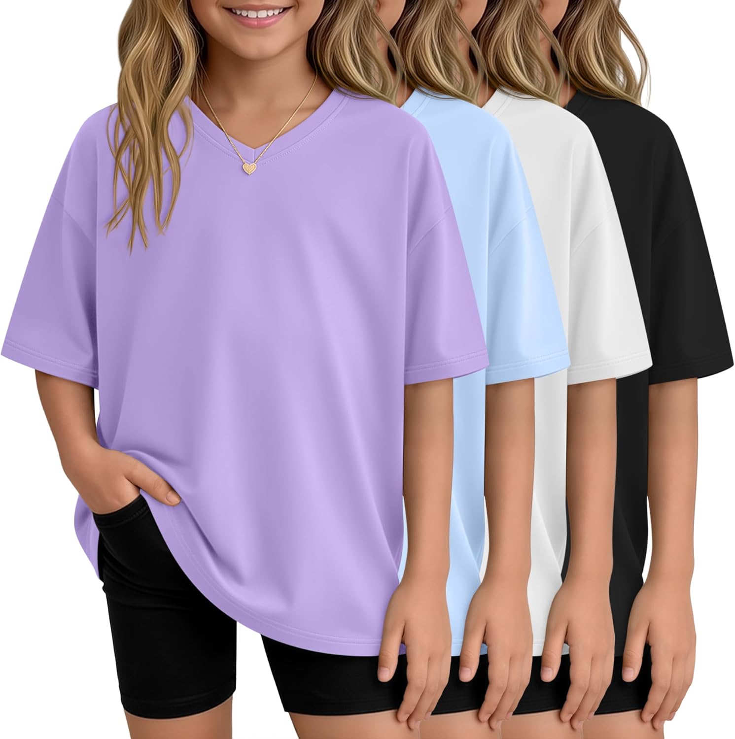 4 Pack Girls Oversized Shirts Short Sleeve Kids V Neck Drop Shoulder Tops Basic Casual Soft Solid Tees Summer