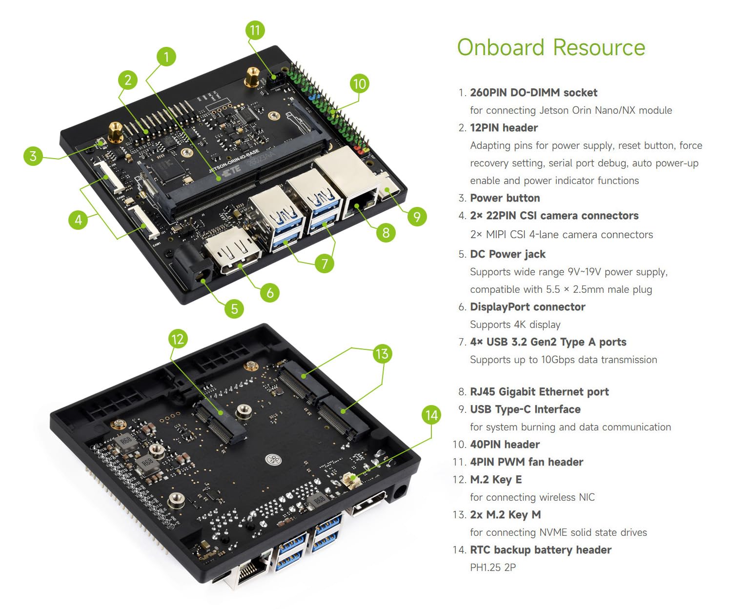 Waveshare Jetson Orin Nano/NX AI Development Board, with Two 4-Lane CSI Ports, Two M.2 Key M and One M.2 Key E Ports, 5 USB Ports, 4K High-Definition DisplayPort Port, Compatible with Orin Module