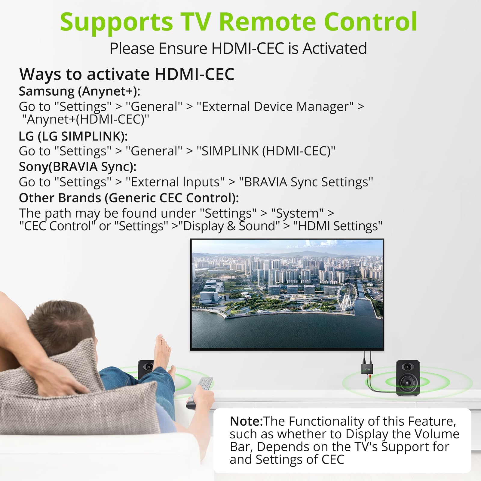LiNKFOR Ekstraktor Audio HDMI eARC/ARC do RCA i 3,5 mm Podwójne Wyjście Jednoczesne Sterowanie Głośnością Telewizora (CEC) 192kHz/24bit Do Wzmacniaczy Głośników Słuchawek Zasilacz USB