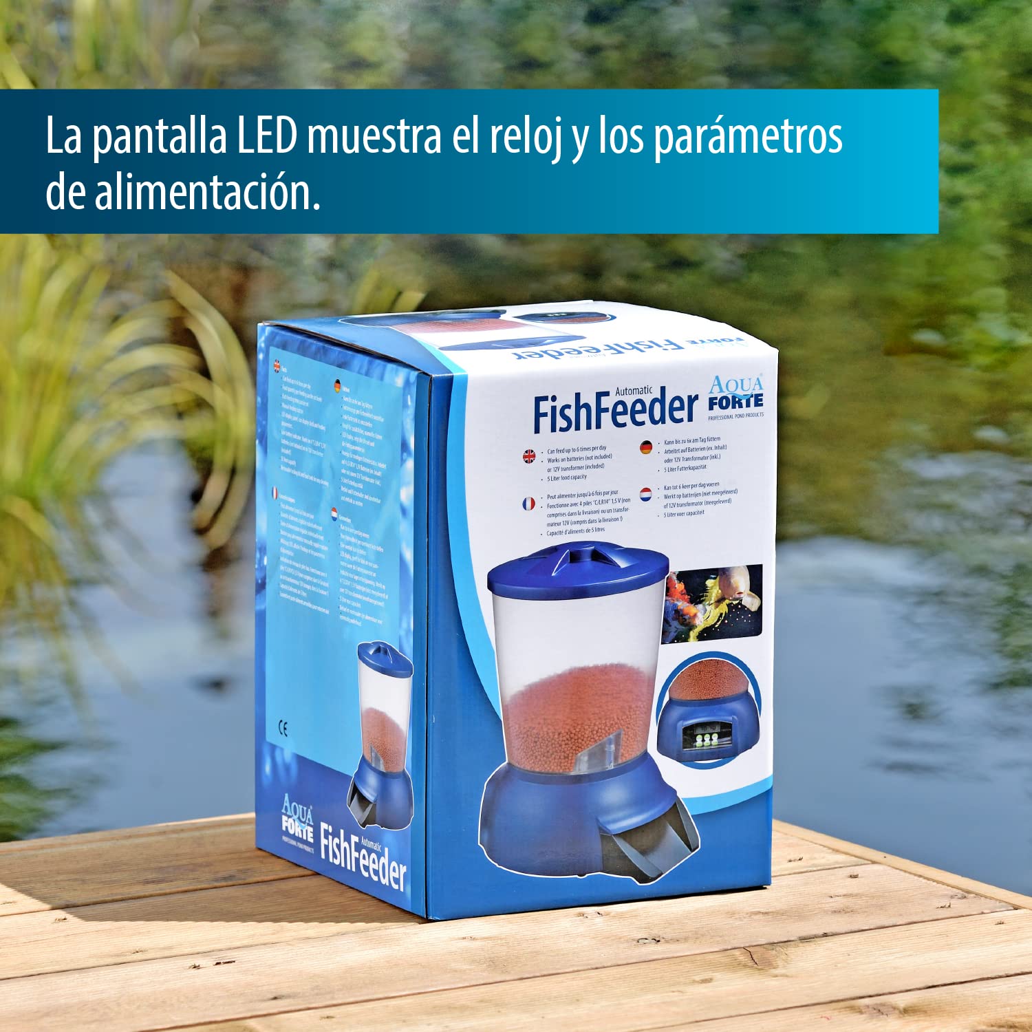 AquaForte Alimentador automático de peces de 5 litros con baterías de 1,5 V y transformador de 12 V, 6 comidas diarias, tiempo y cantidad de alimentación ajustables, pantalla LED, cable de 5 m