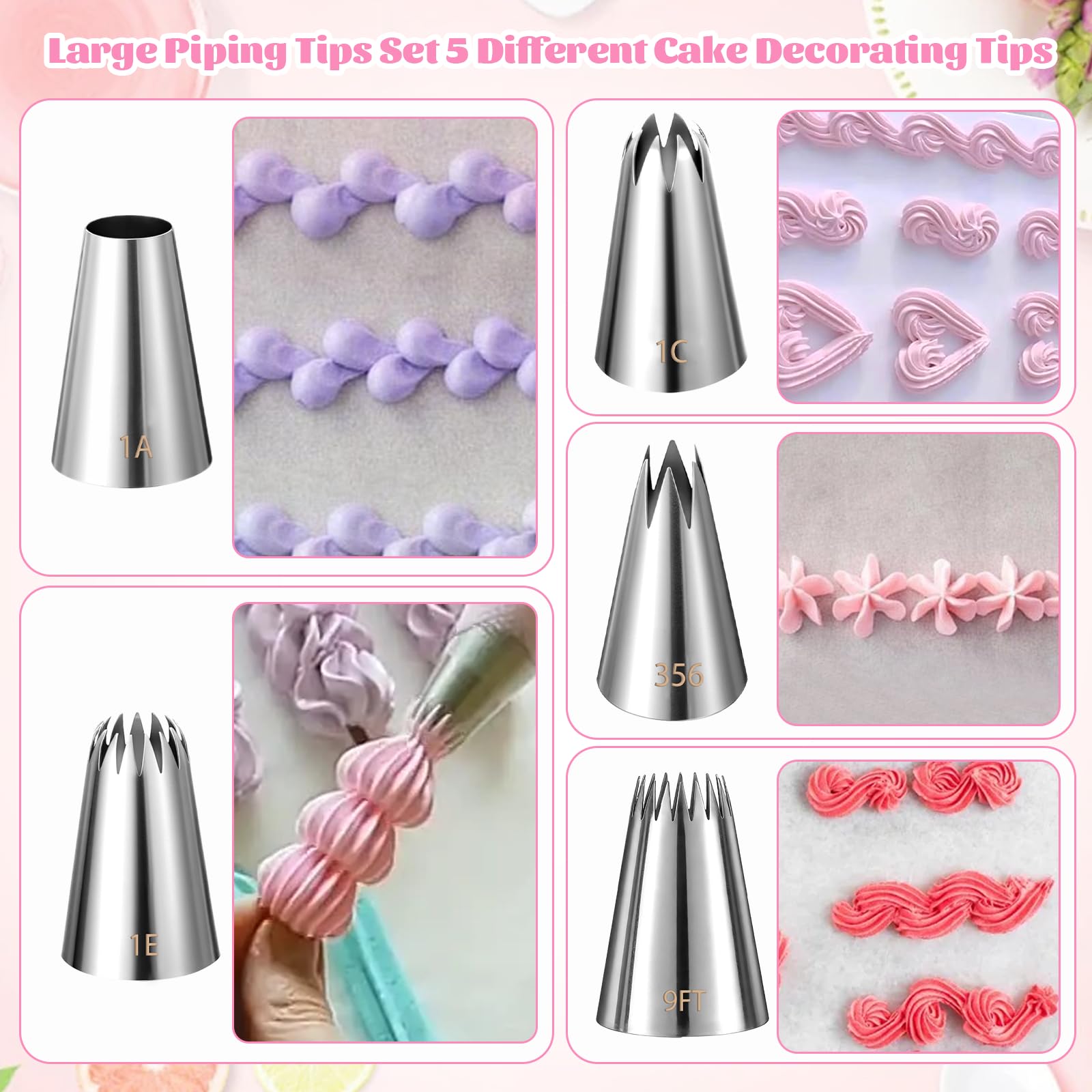 5-teiliges großes Spritztüllen-Set aus Edelstahl, runde Spritztüllen, professionelles Keksdekorationsspitzen-Set für Cupcakes, Kuchendekoration (1A, 1E, 1C, 2,7 m, 356)