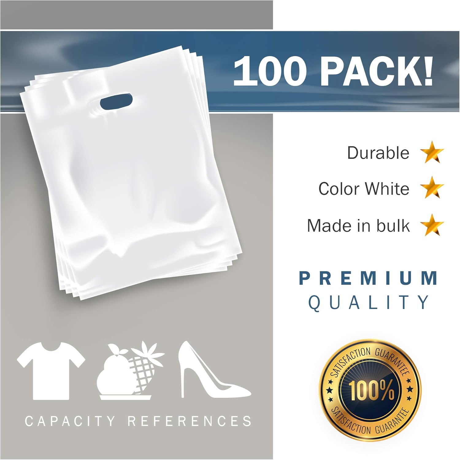 20x22 White Plastic Merchandise Bags, Glossy Finish, Extra Large Retail Size, 100 Pack, 2 Mil Thick, with Die-Cut Handles by PPB
