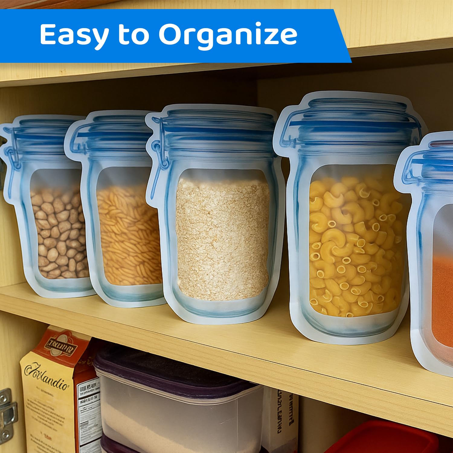 SKY FLEXI PACK Mason Jar Ziplock Bags, 50 Pcs Set (25 Pcs Each of 13.5x19.5cm & 15x25cm), Bottle Shaped Airtight Pouches for Fridge, Freezer, Kitchen & Travel Storage, Reusable & Leakproof 4