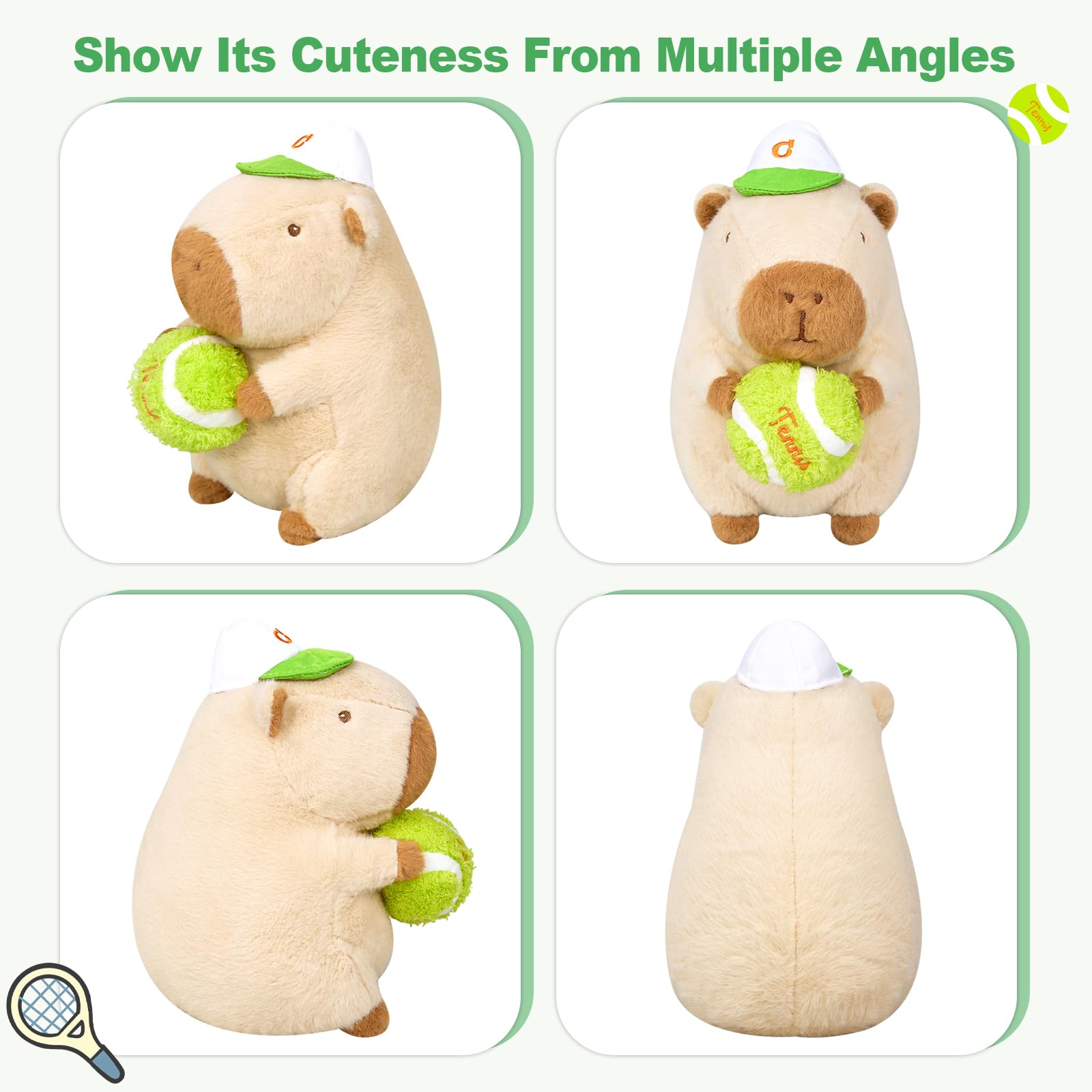 shownicer Peluche Capibara, peluche animale di stoffa Kawaii Capibara, cuscino in peluche, giocattolo cuscino da lancio, regalo per bambini e bambine dai 3+ anni (Tennis, 25 cm)