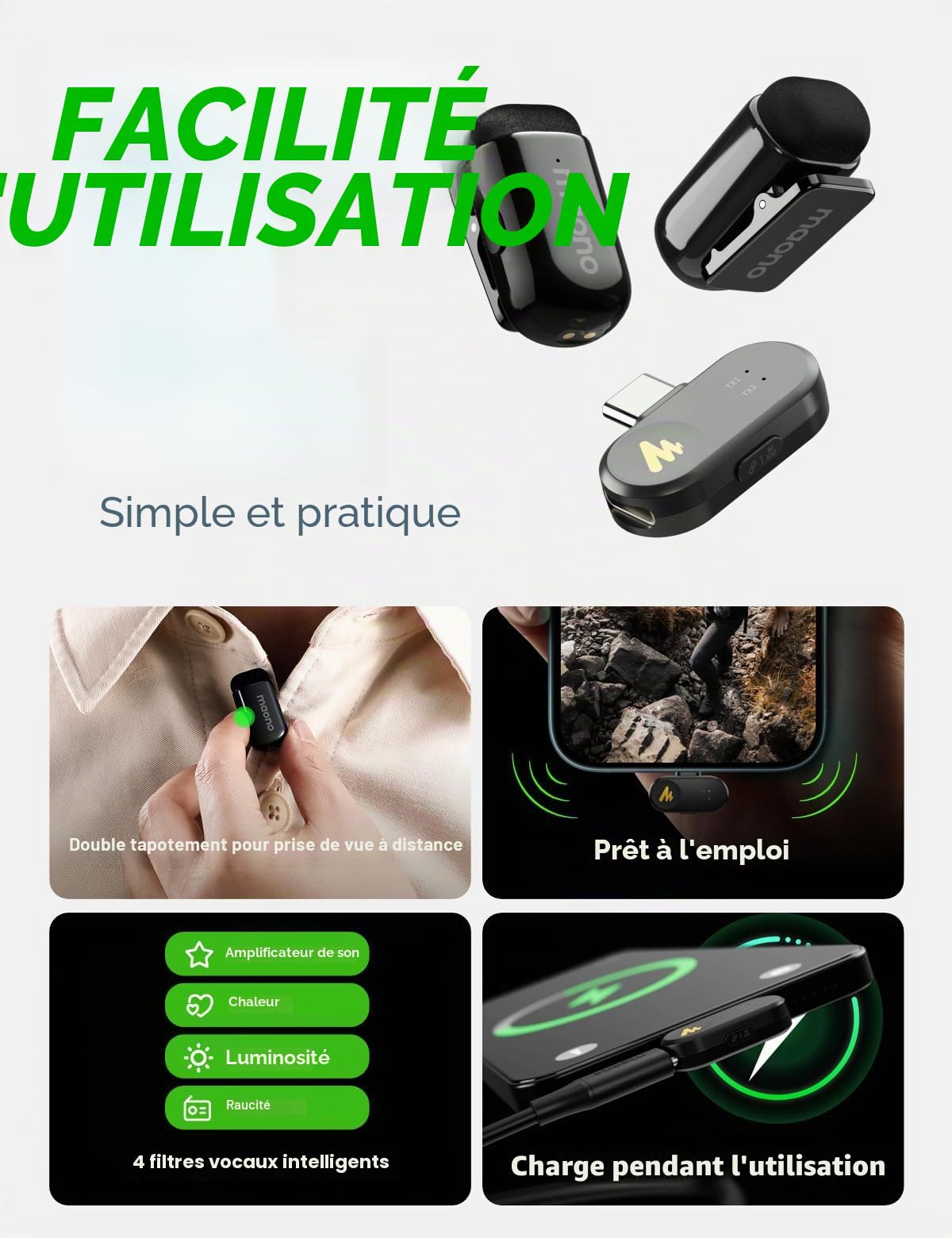 MAONO Wave T1 Mini Micro Cravate sans Fil pour iPhone 17 16 15 Android, Tablette, avec USB-C, Réduction de Bruit, Filtres Vocaux IA, pour TikTok Youtube Vlog Vidéo