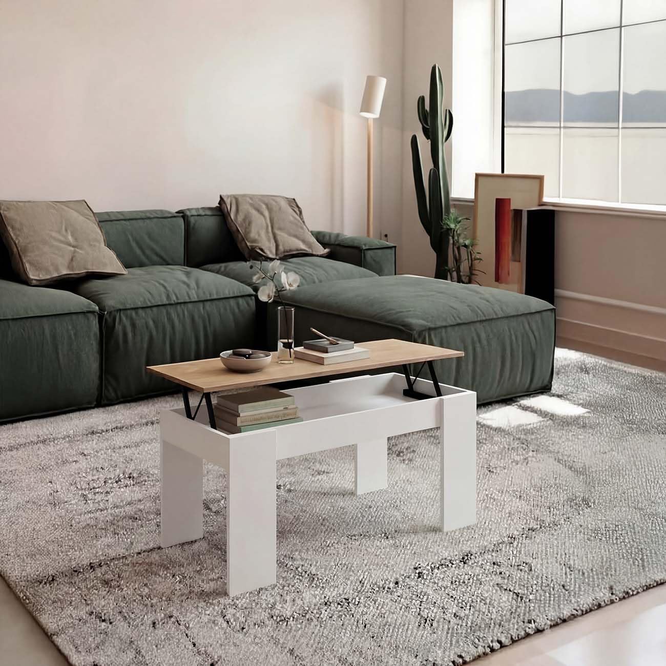 duehome | Mesa de Centro elevable, Mesita de Salón Comedor, Acabado en Blanco Artik y Roble Canadian, Modelo Norak, Medidas: 90 cm (Largo) x 50 cm (Ancho) x 45-53,3 cm (Alto)