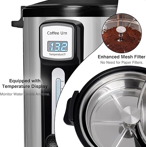 Miniatura 5 de Urna de café comercial de 100 tazas  Cabezal de ducha y filtro mejorado  Percolador de acero inoxidable de doble pared con función de mantener el