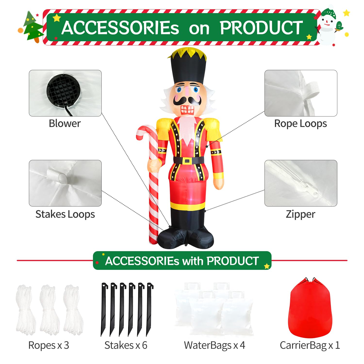 Casse-noisette géant gonflable de Noël de 3,7 m pour décoration de cour, lumières LED intégrées pour extérieur, pelouse, vacances, décoration d'hiver à l'extérieur