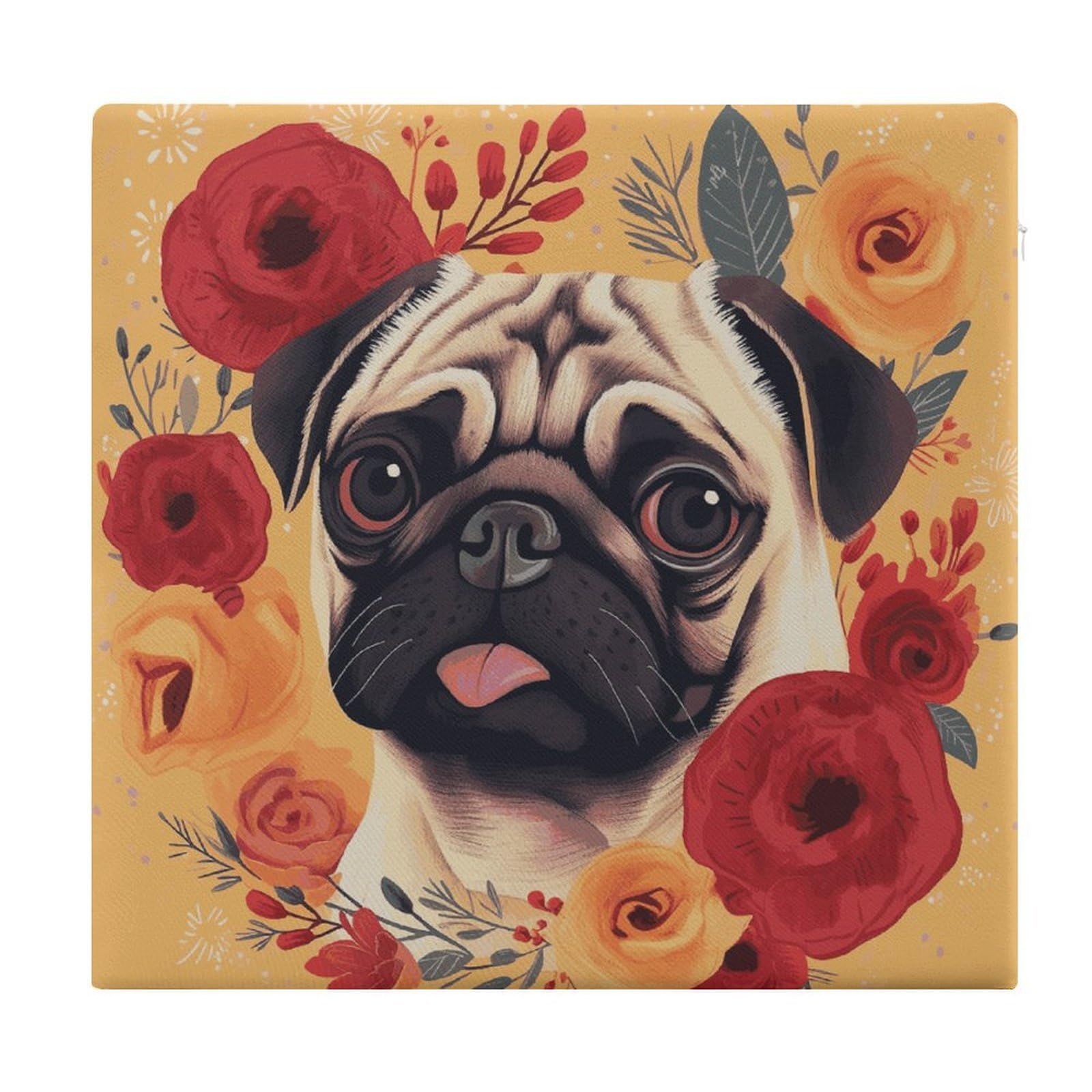 JTREHY Pug Flower Chair Cushions Non-Slip Bar Stool Cushions Ultra Soft Warm Memory Foam Meditation Cushion Removable Large Square Seat Cushions for Dining Chair 15x14In