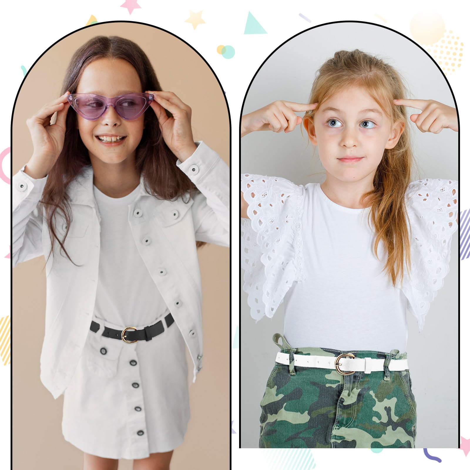 Lot de 2 ceintures pour filles de 82 cm en cuir élastique pour enfants, exquises et confortables avec double boucle en O