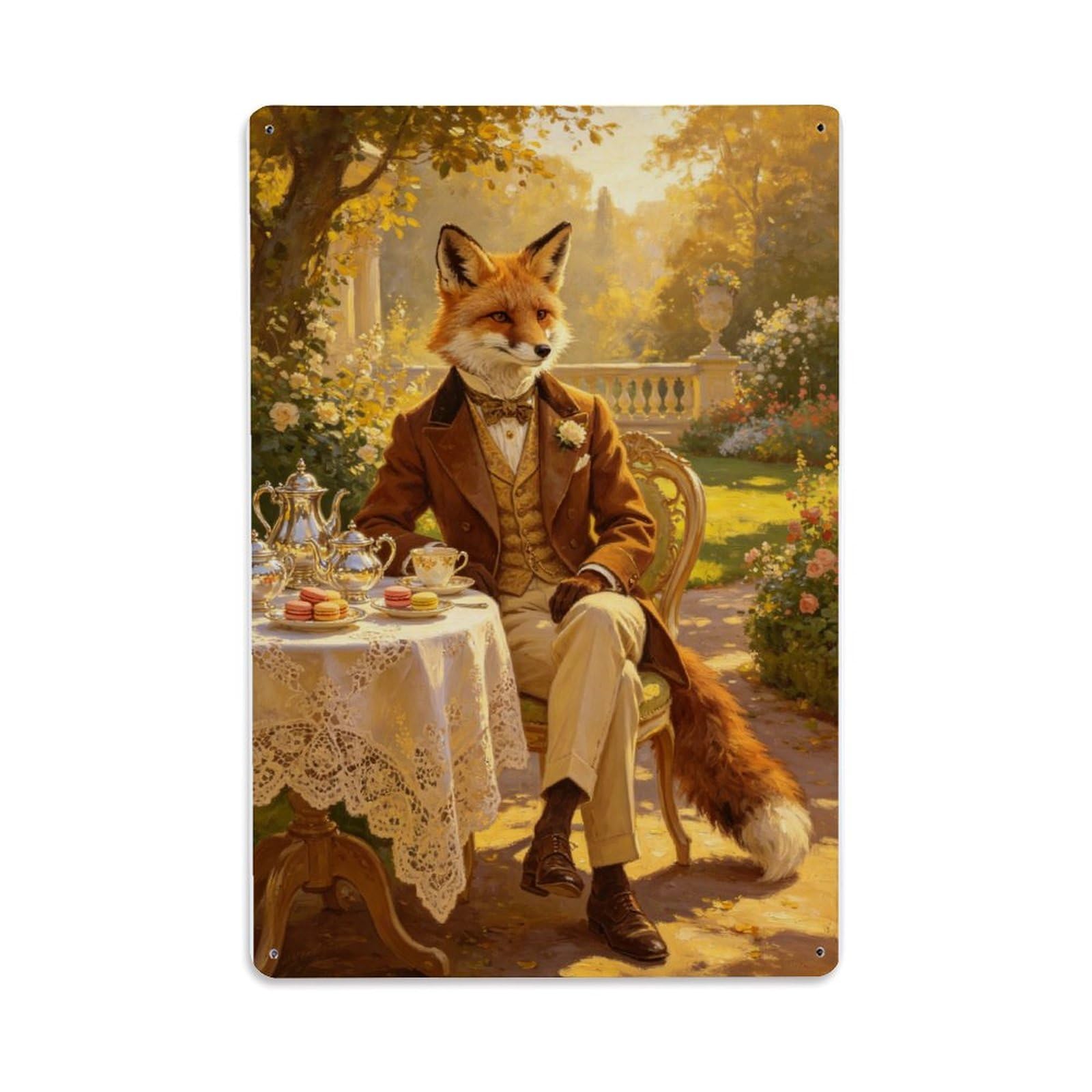 Victorian Fox Gentleman's Garden Tea Break Vintage Aluminium Metal Sign, Retro Wall Decor for Home, Bar, Garage & Farmhouse 30x20cm