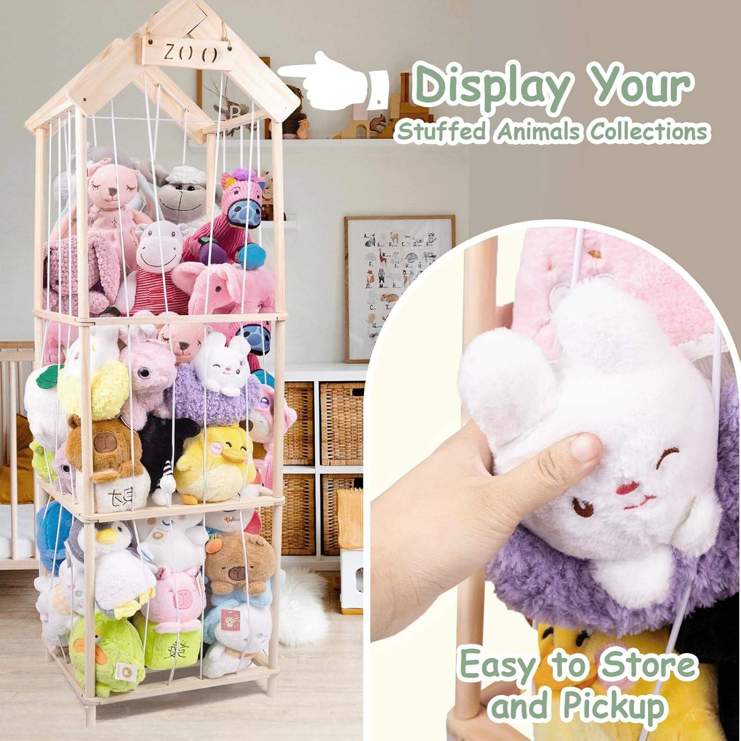 NEWFUN Range Peluche, Rangement en Bois pour Peluches, Grande Capacité, Peu Encombrant, Adapté aux Chambres d'enfants, Salles de Jeux et Chambres à Coucher