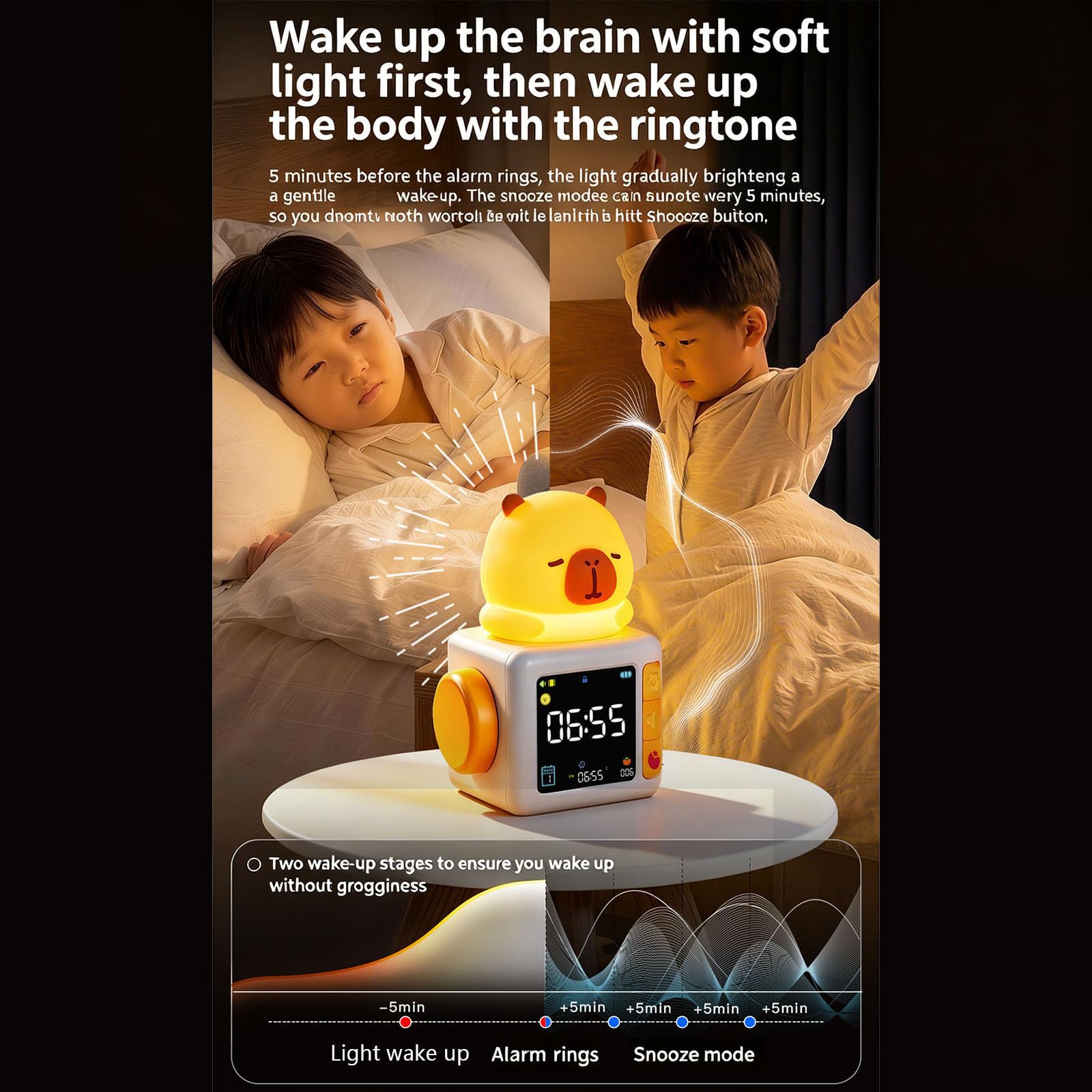 PANGBOER Sveglia Multifunzionale con Timer Pomodoro Rumori Compagno Sonno Luce Notturna Morbida per Comodino Camera da Letto Orologio con Luce Notturna