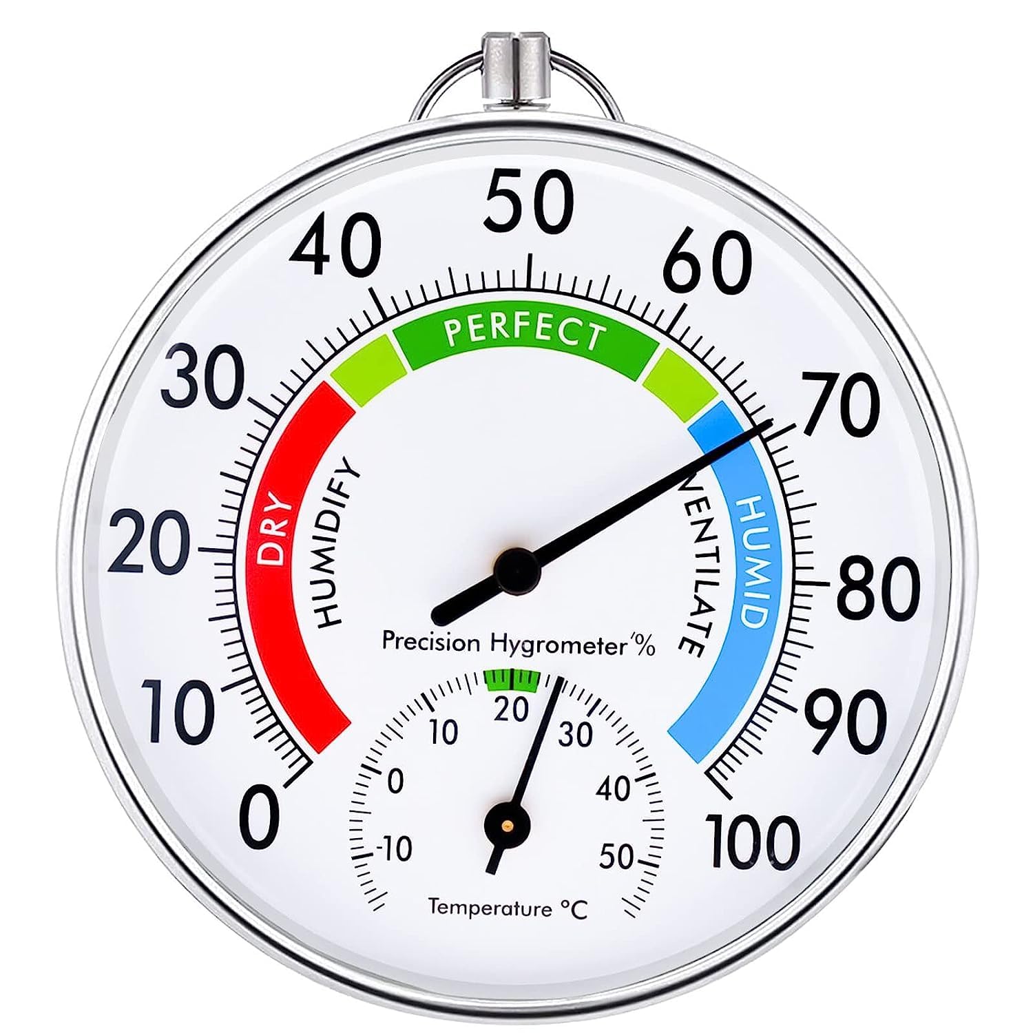 Indoor Outdoor Thermometer Wireless, Weather Dial Hygrometer Thermometer, Battery Free Hanging Hygrometer, Suitable for Walls, Tables, Cars, Greenhouses or Decorations, Round 4 inches Diameter