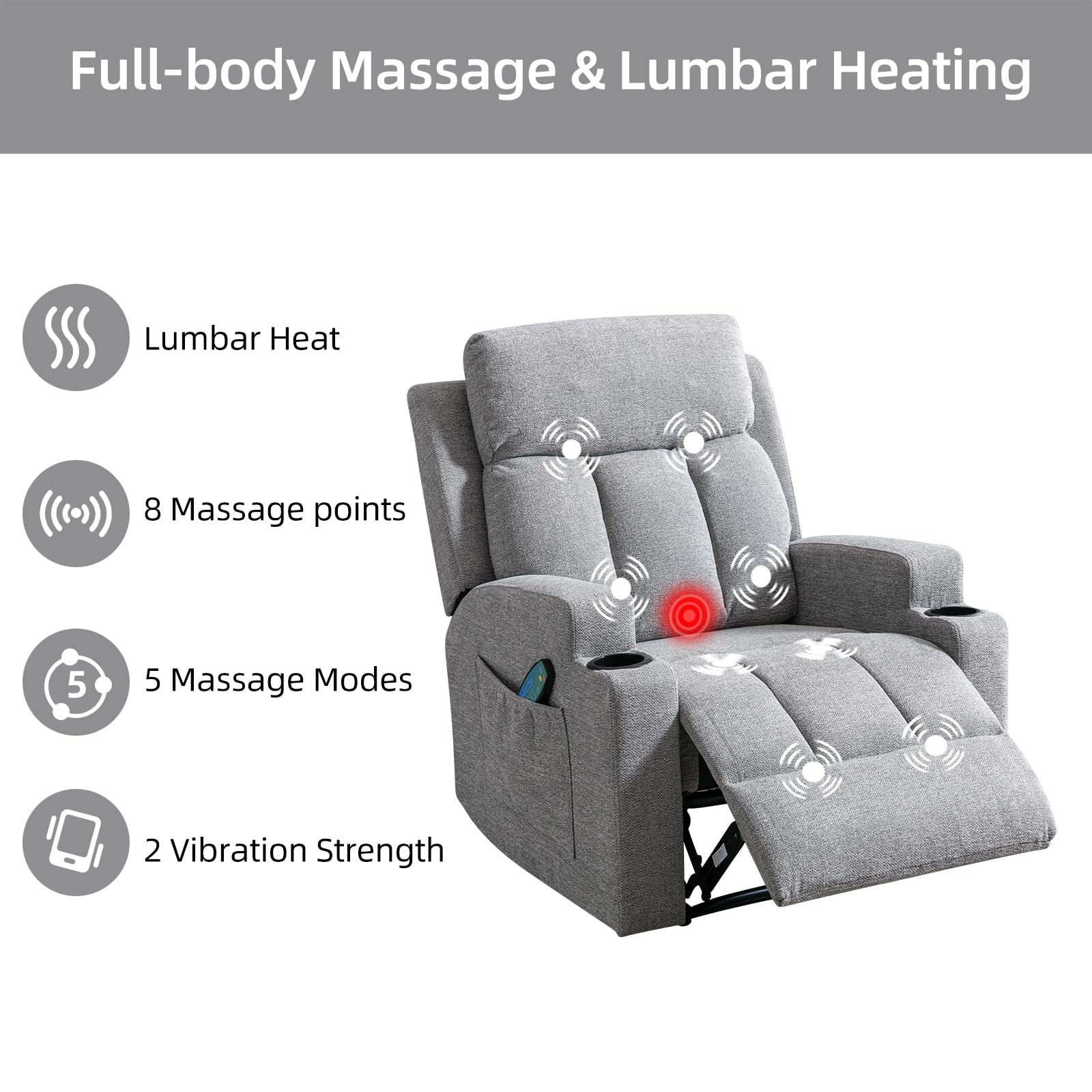 CANMOV Manual Recliner Sofa Set, Fabric Recliner Living Room Furniture Sets, Two 1 seat Reclining Chair and a Loveseat Furniture Set with Side Pockets and Cup Holders, Light Grey view 3