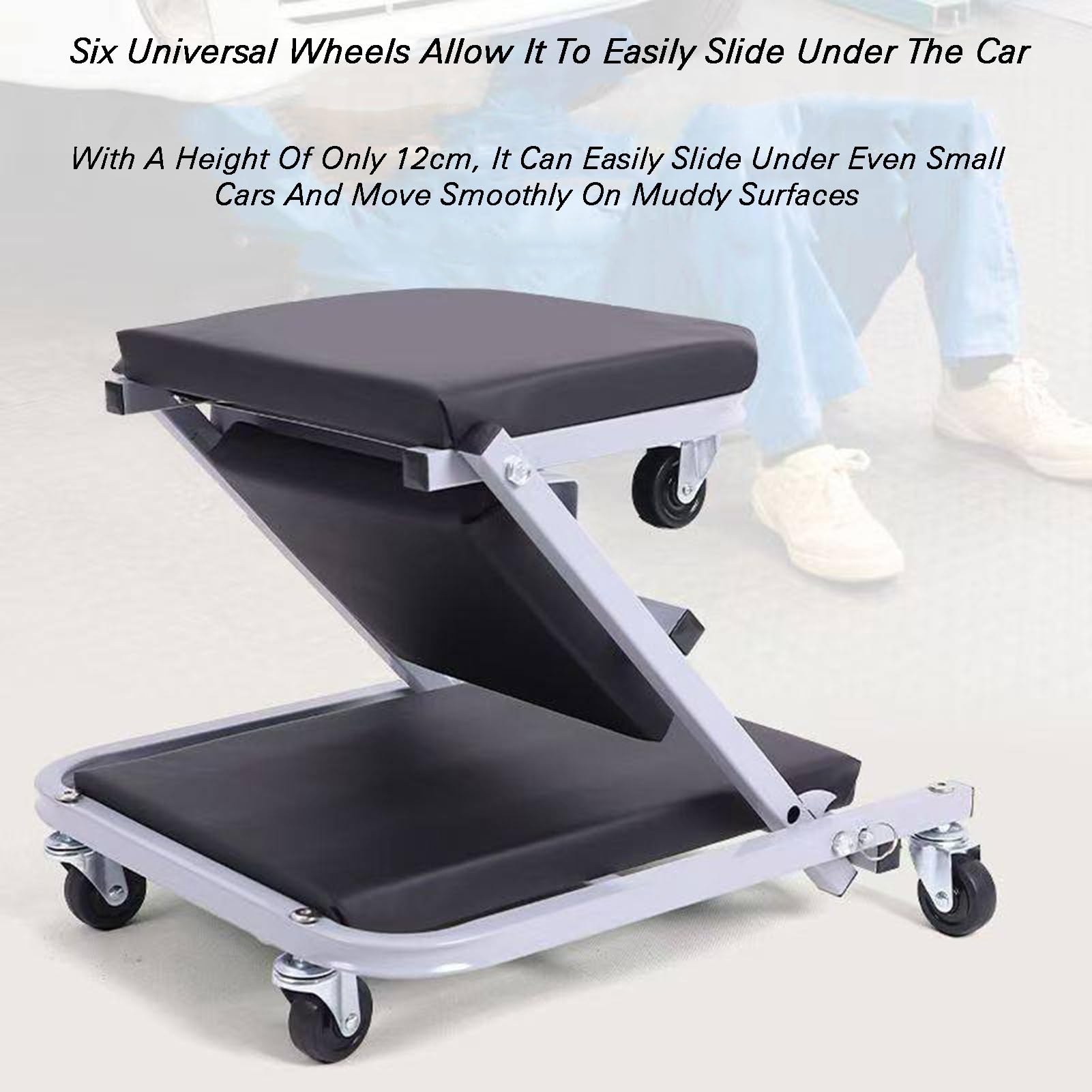 Asiento mecánico plegable de alta resistencia, diseño 3 en 1, 6 ruedas, capacidad de 136 kg para garaje y tienda