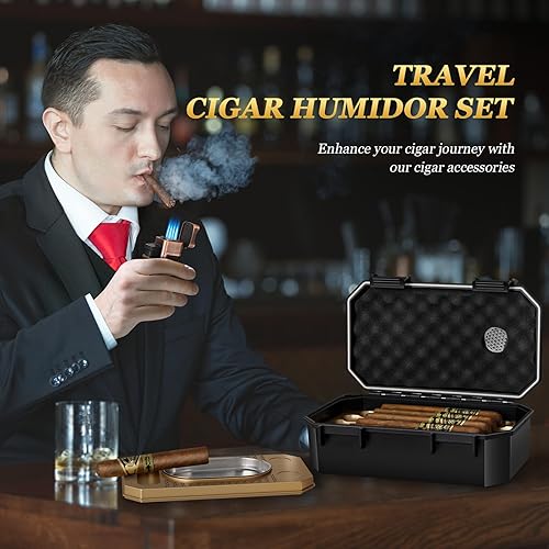 Miniatura 6 de Humidor de cigarros de viaje con encendedor de antorcha, cenicero, soporte, humidificador e higrómetro, estuche portátil para cigarros de viaje con