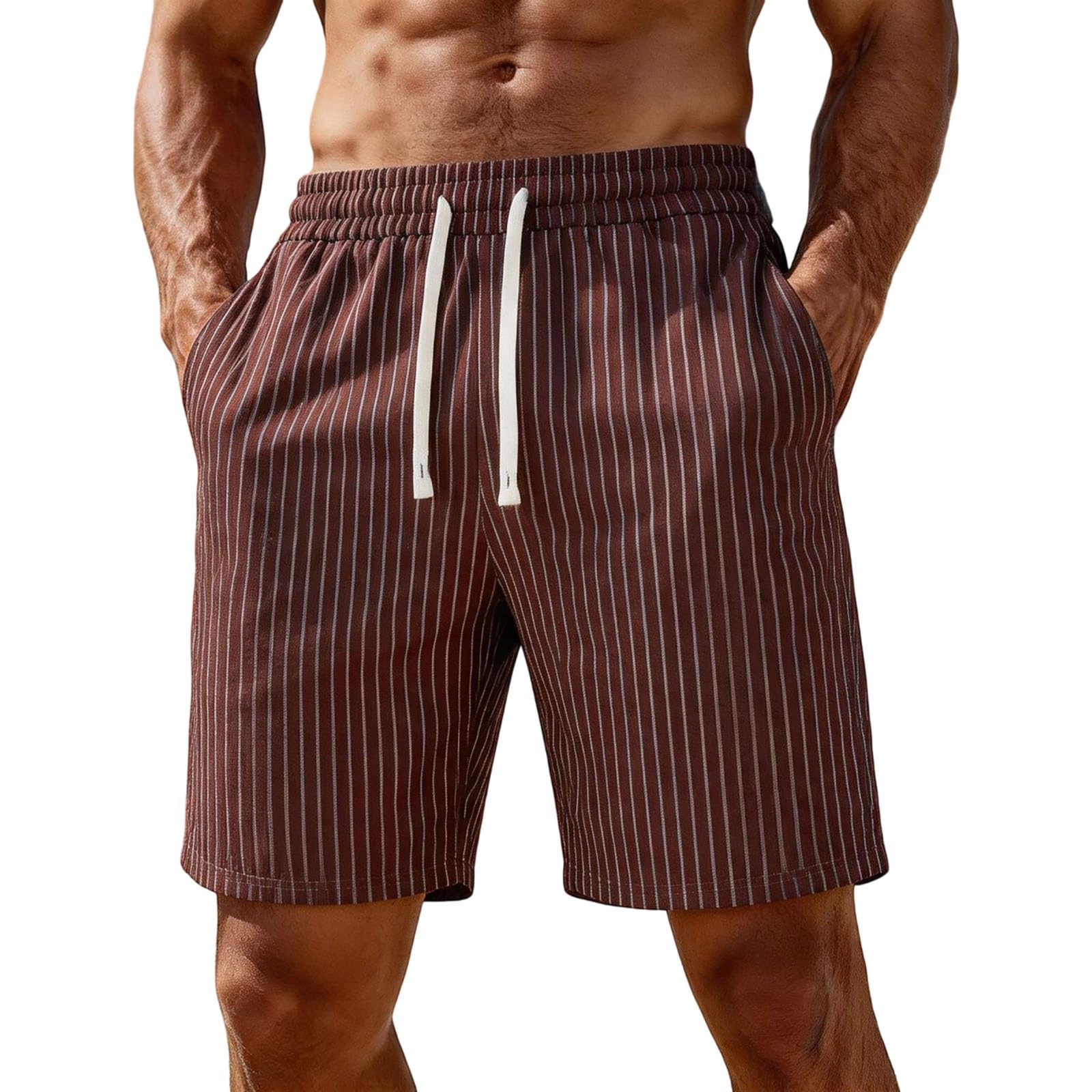 Short en lin pour homme - Rayures légères - Pantalon court en lin élastique