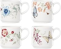 Lenox Butterfly Meadow 4-Piece Stacking Mug Set - Charming Porcelain Coffee Mugs, Dishwasher & Microwave Safe, 10oz