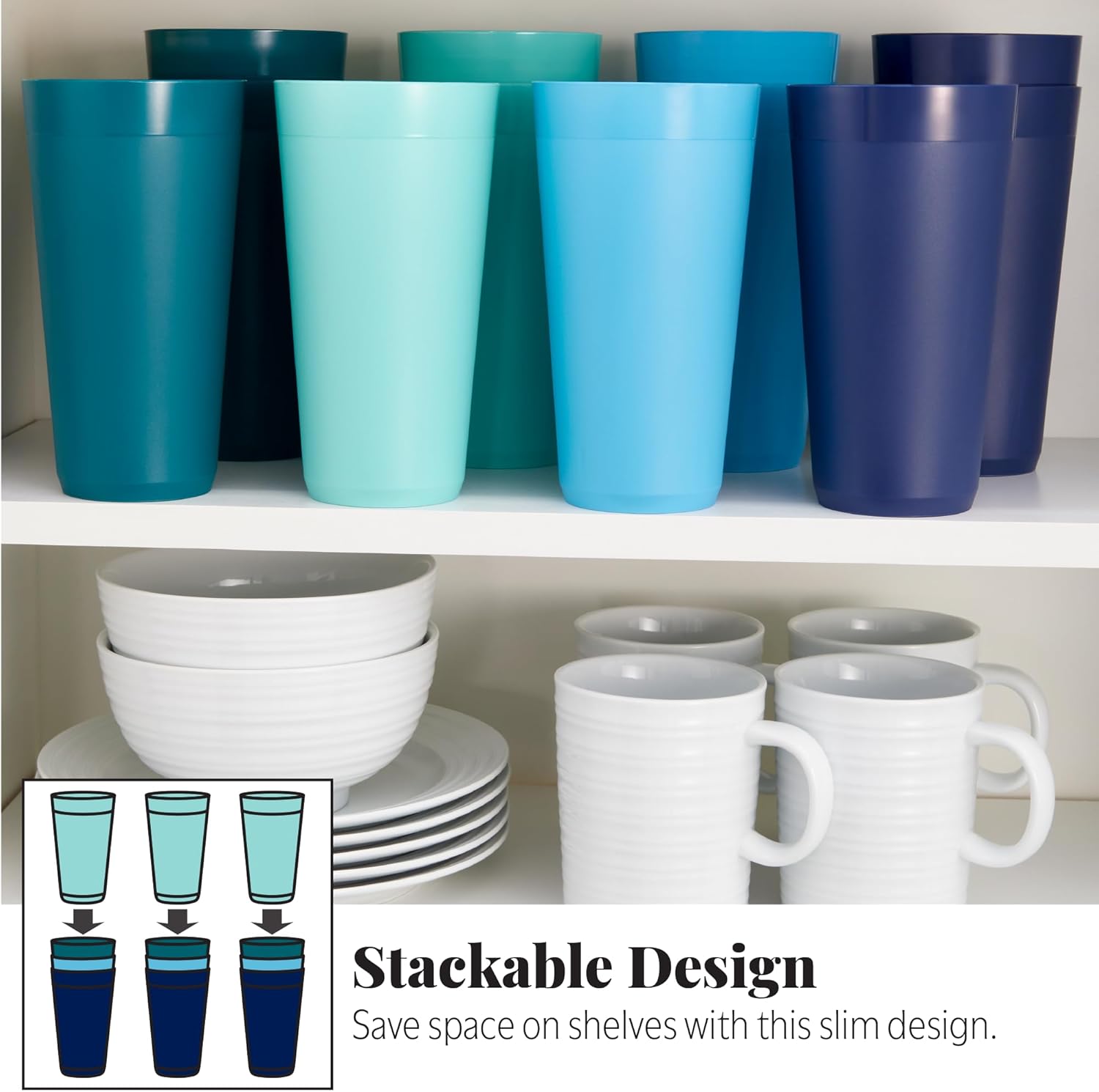 US Acrylic Newport 32 ounce Unbreakable Plastic Stackable Iced-Tea Tumblers in 4 Coastal Colors | Set of 12 Drinking Cups | Reusable, BPA-free, Made in the USA, Top-rack Dishwasher and Microwave Safe - Image 6