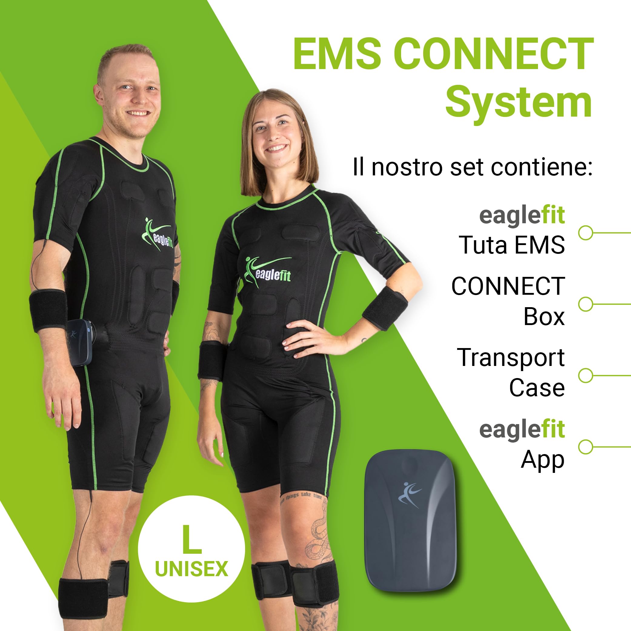 eaglefit - tuta CONNECT EMS senza fili con 28 elettrodi - allenamento a casa, abbigliamento full body, muscolatore, allenamento addominali, stimolazione muscolare mirata per donna e uomo L