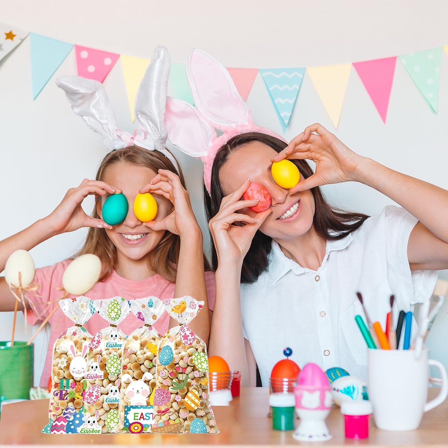 STARANDBEE Zellophanbeutel Für Ostern – 50 Stück Oster-Süßigkeitentüten Mit 60 Goldfarbenen Bindebändern In 4 Designs