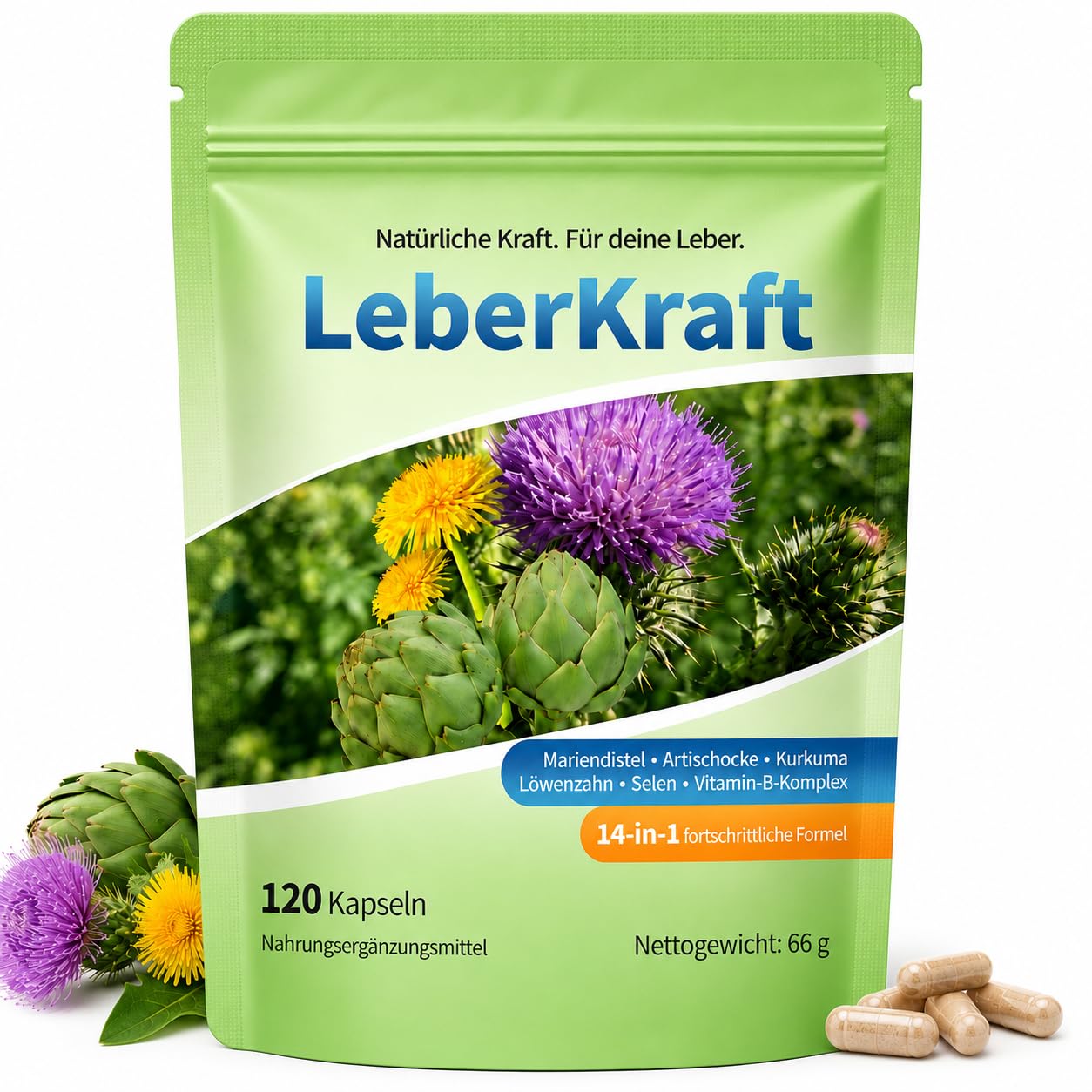 Leber Komplex Kapseln – 14-in-1 Formel mit Mariendistel, Artischocke, Kurkuma, Löwenzahn, Cholin, Selen & Vitamin-B-Komplex – Vegan, 120 Kapseln, 60 Tage, unterstütztz die Leberfunktion