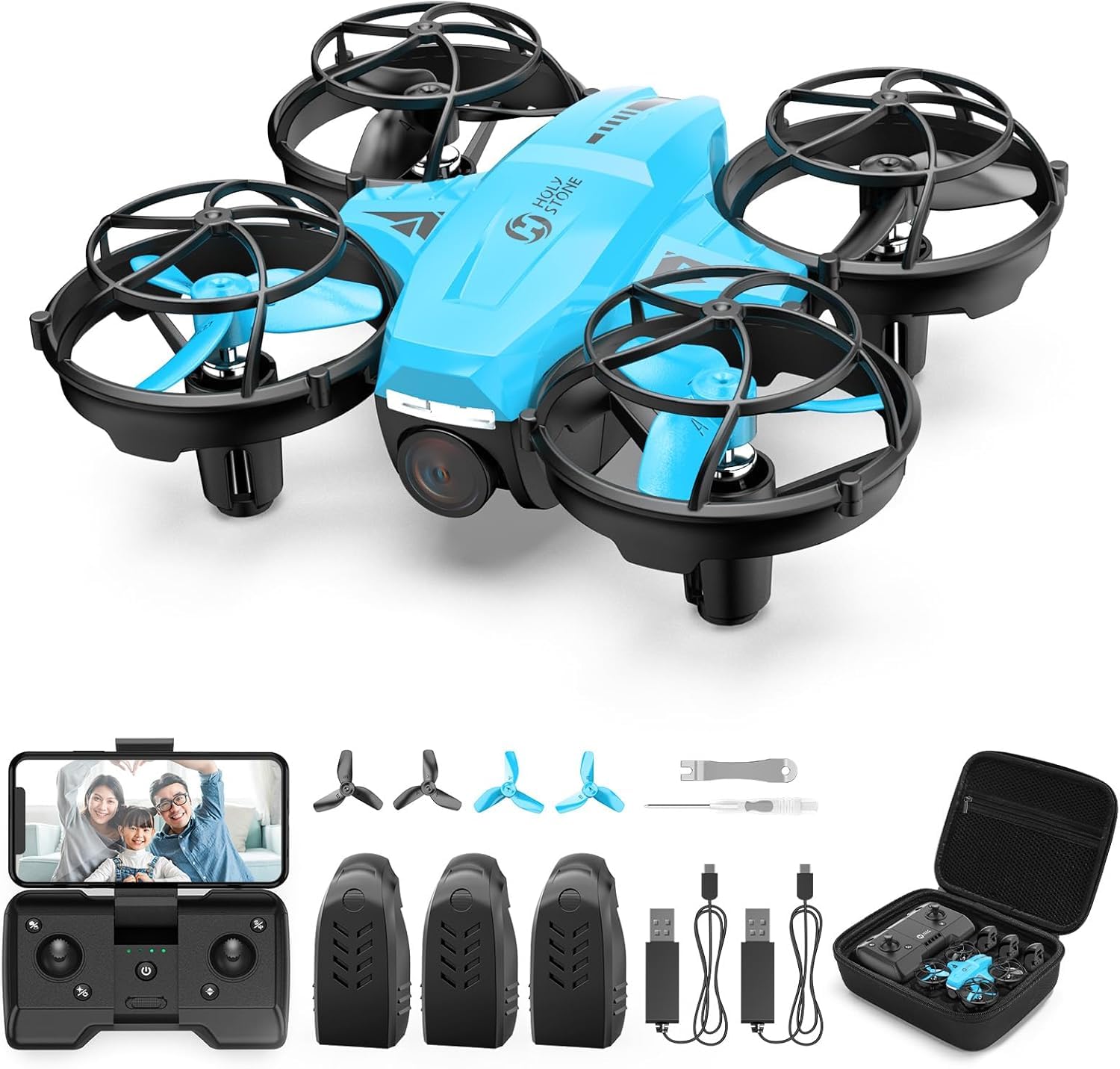 Holy Stone HS420 Mini Drone Under 249g with HD FPV Camera for Kids Adults Beginners, Pocket RC Quadcopter, Toss to Launch, Gesture Selfie, High Speed Rotation, 3 Batteries, Blue