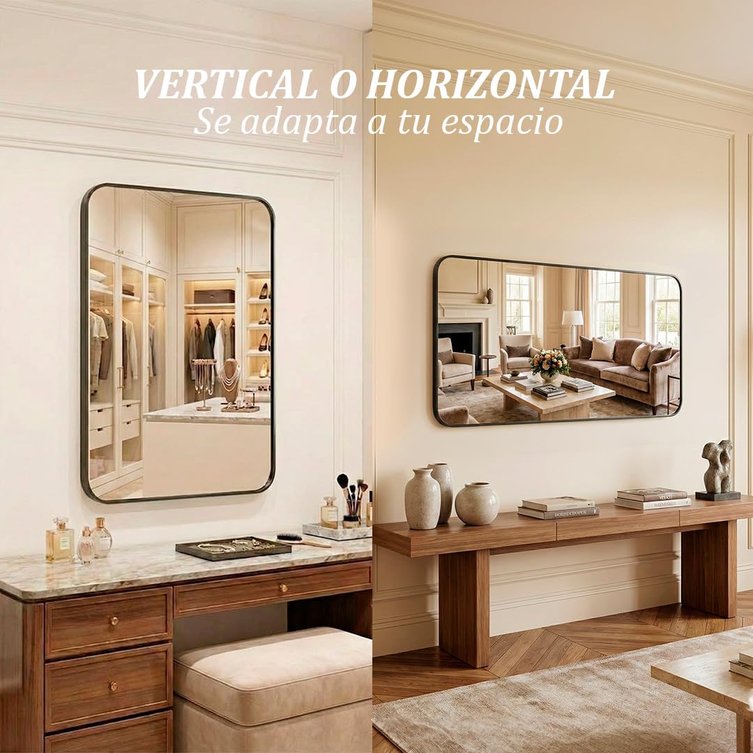 Marctani Espejo Pared Rectangular con Marco de Aluminio Negro, Espejos Decorativos de Pared Biforma (Vertical/Horizontal), Cristal HD de 2.8cm para Baño, Salón o Dormitorio — view 4