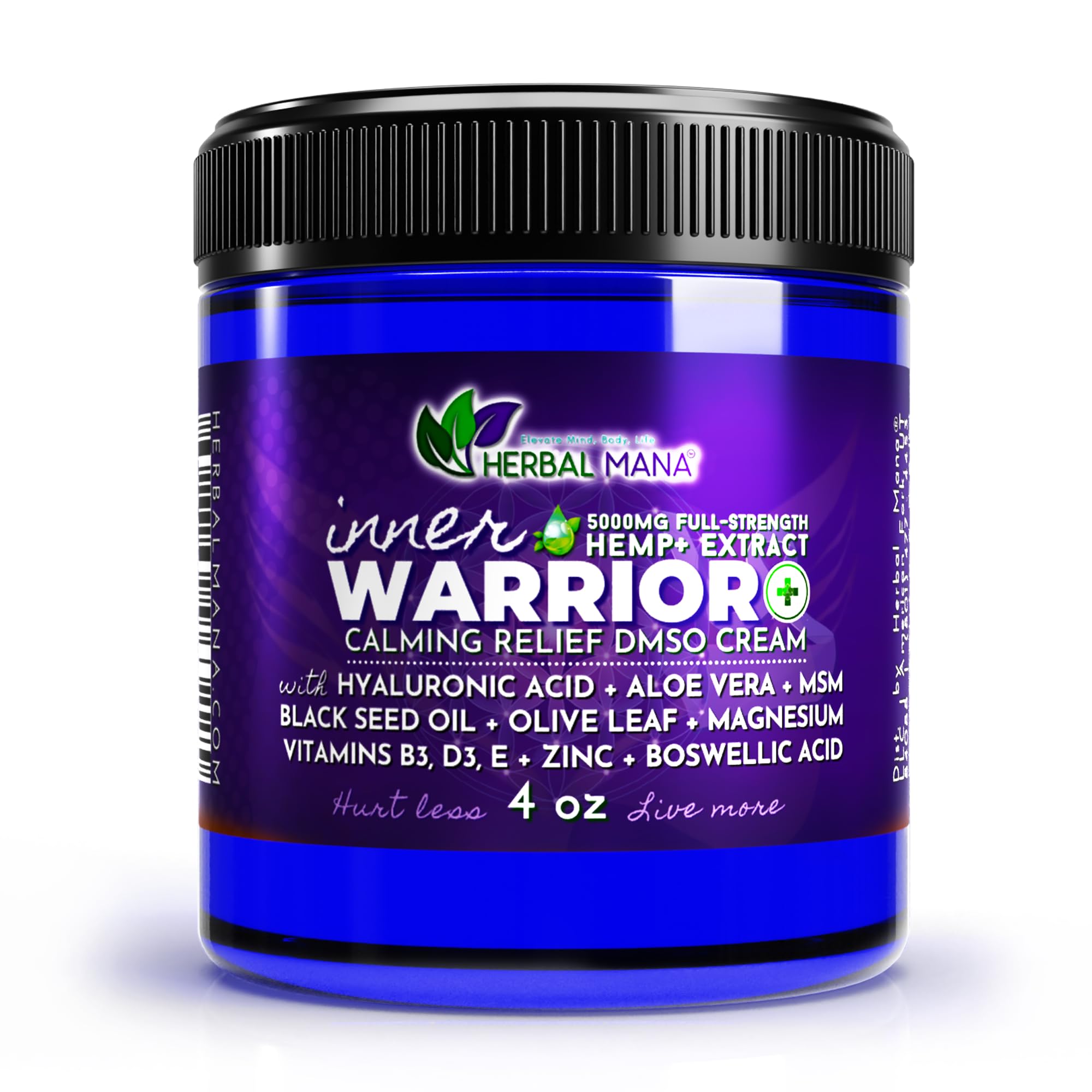 Herbal Mana Inner Warrior Cream, 5000mg Hemp, 99.9% Pure DMSO, Nerve Calming, Muscle Relief - Organic Magnesium, MSM, Lavender & Rose Oil