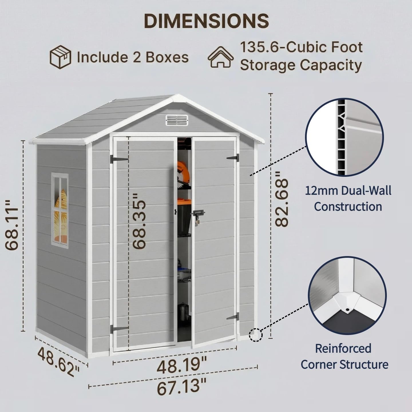 Gizoon 6x4.4 FT Outdoor Storage Shed with Floor, All-Weather Resin Garden Shed with Lockable Doors & Windows, Plastic Tool Sheds for Patio, Lawn & Garden (Grey)