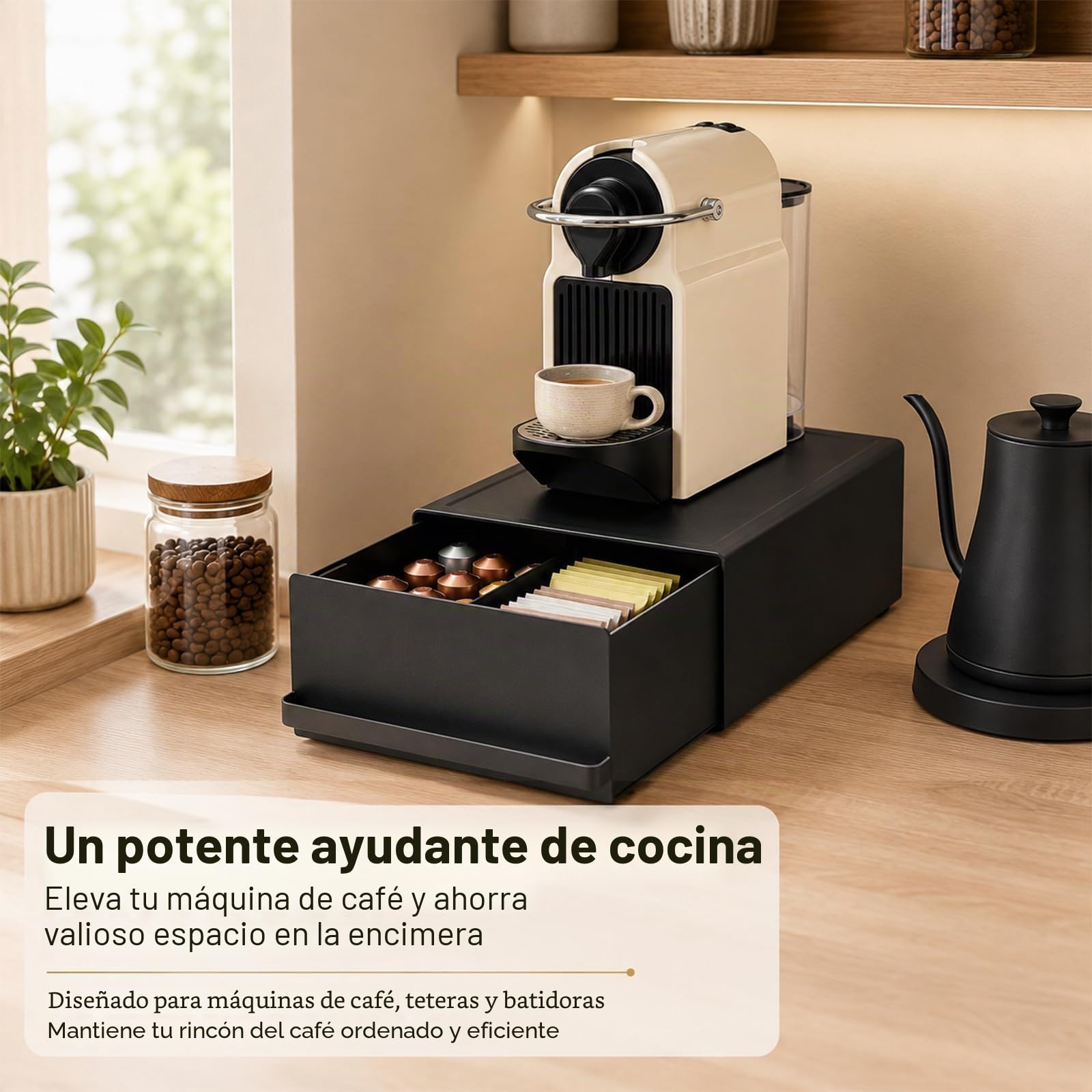 Soporte para Cápsulas de Café con Cajón Organizador de Acero al Carbono | Organizador de Café para Encimera con Almacenamiento para Cafetera y Accesorios, Capacidad de Carga de 5 kg